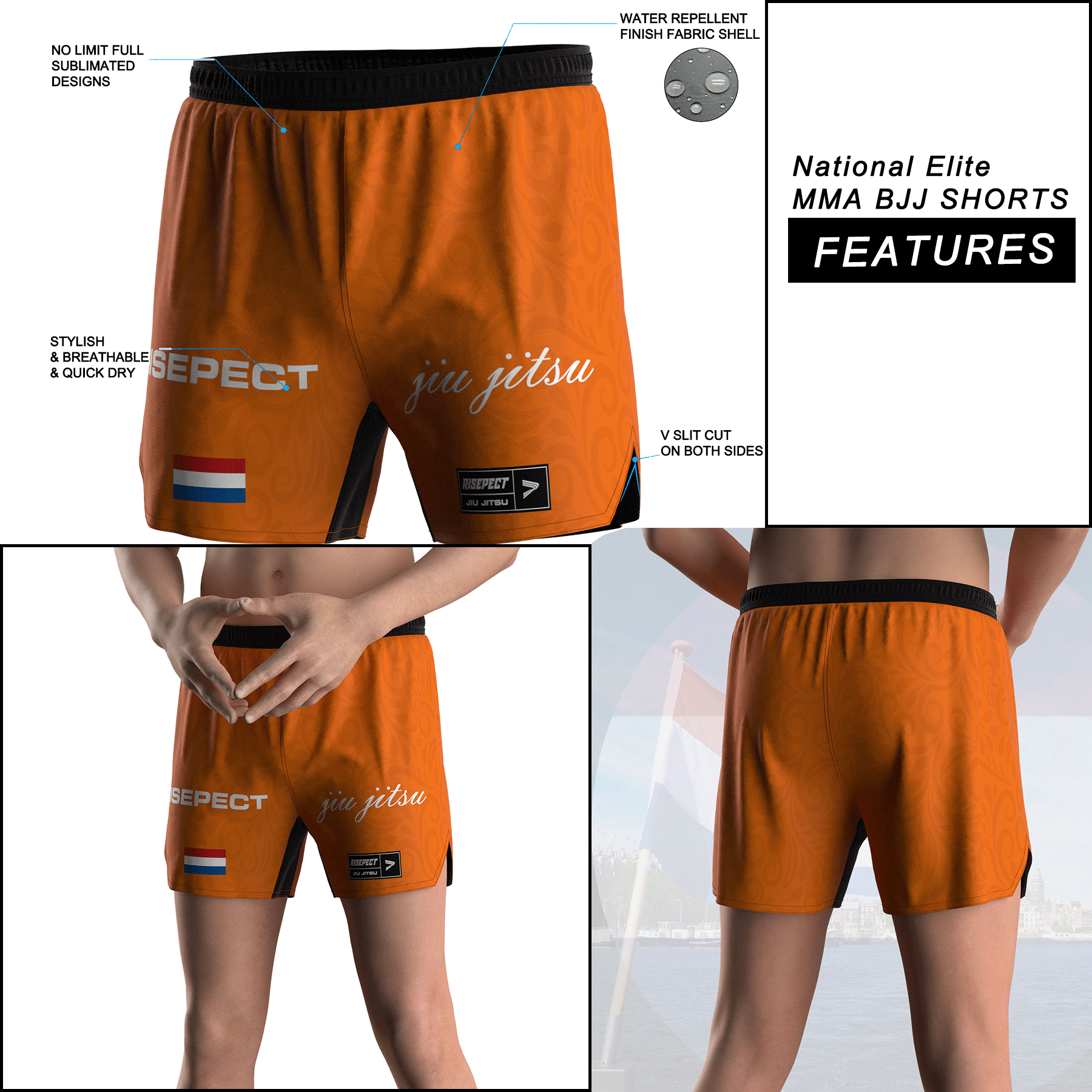 Netherlands Orange MMA Shorts' Details Features