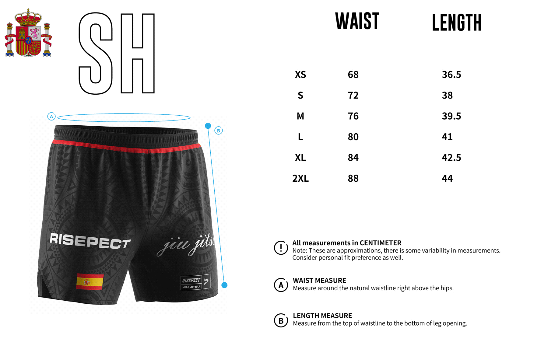 Spain MMA Jiu-jitsu Shorts' Sizes Chart