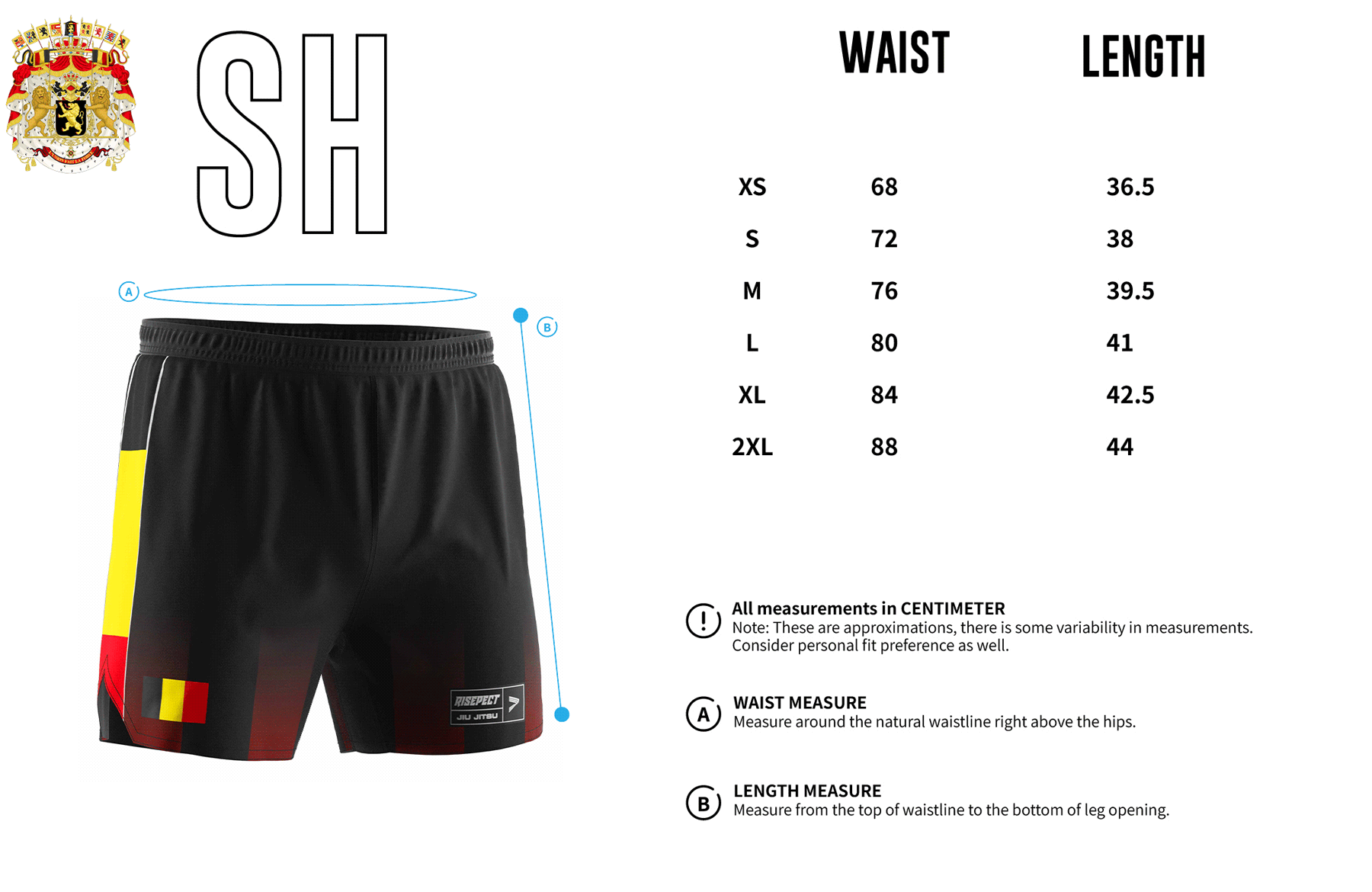 Belgium Brown Gradient BJJ MMA Shorts' Size Chart