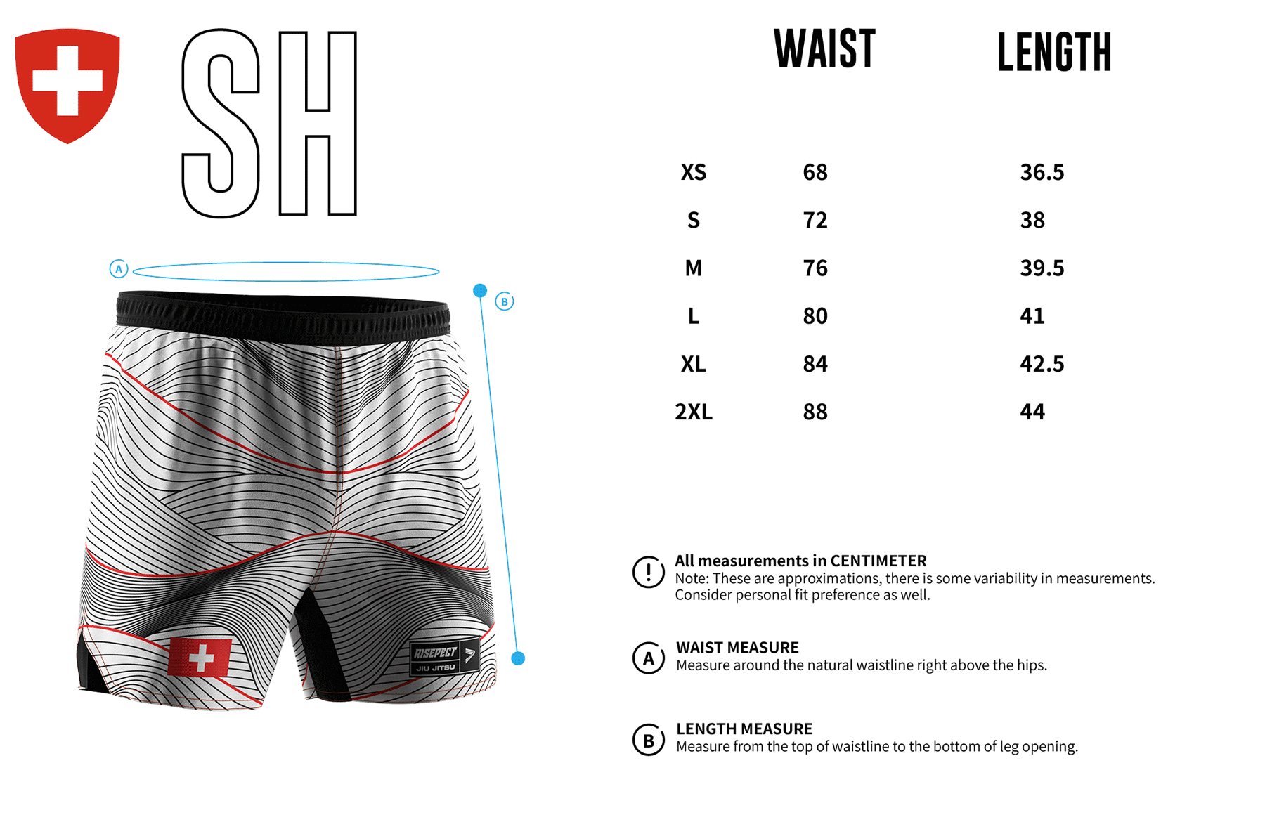 Switzerland BJJ Fight Shorts' Sizes Chart