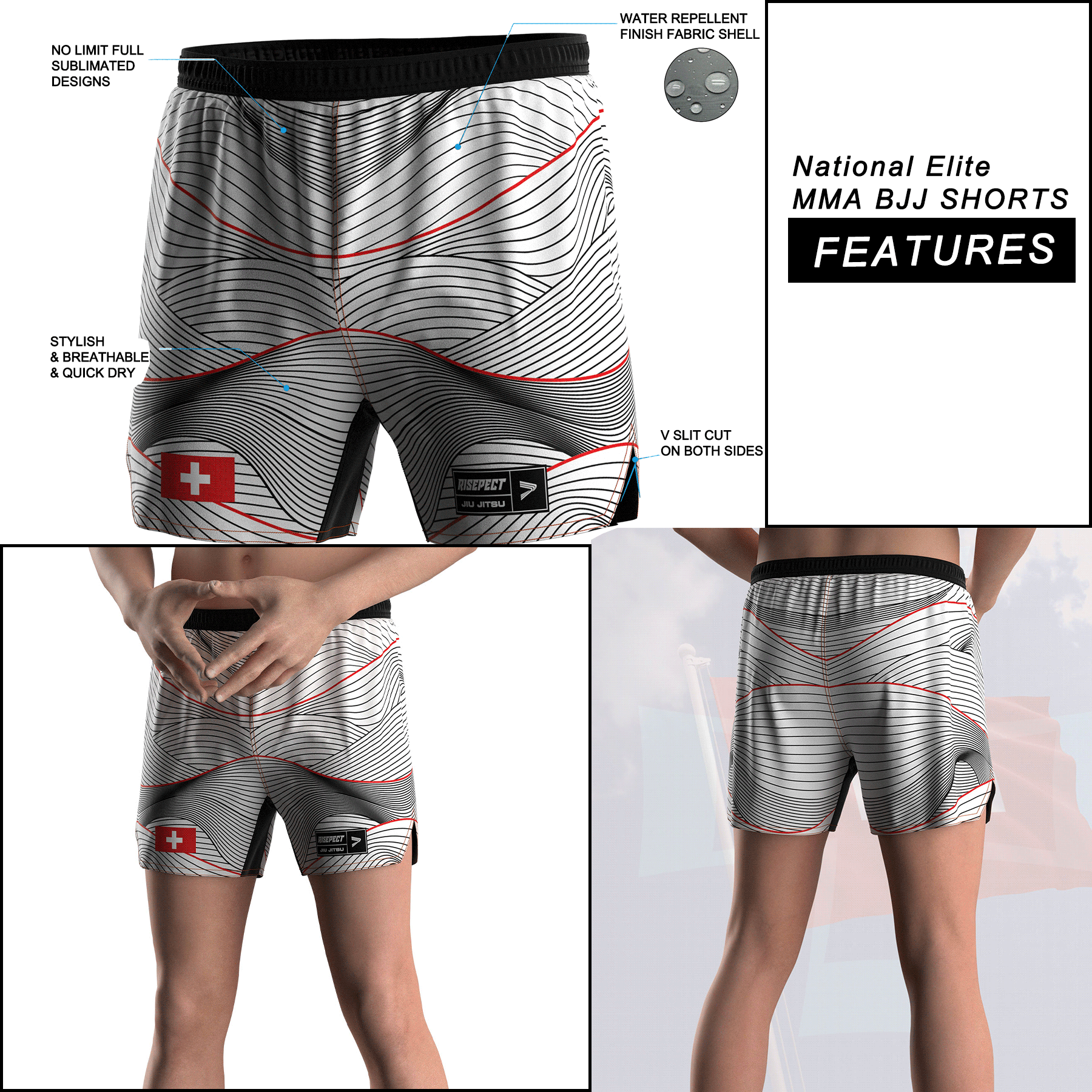 Switzerland BJJ Fight Shorts' Details Features