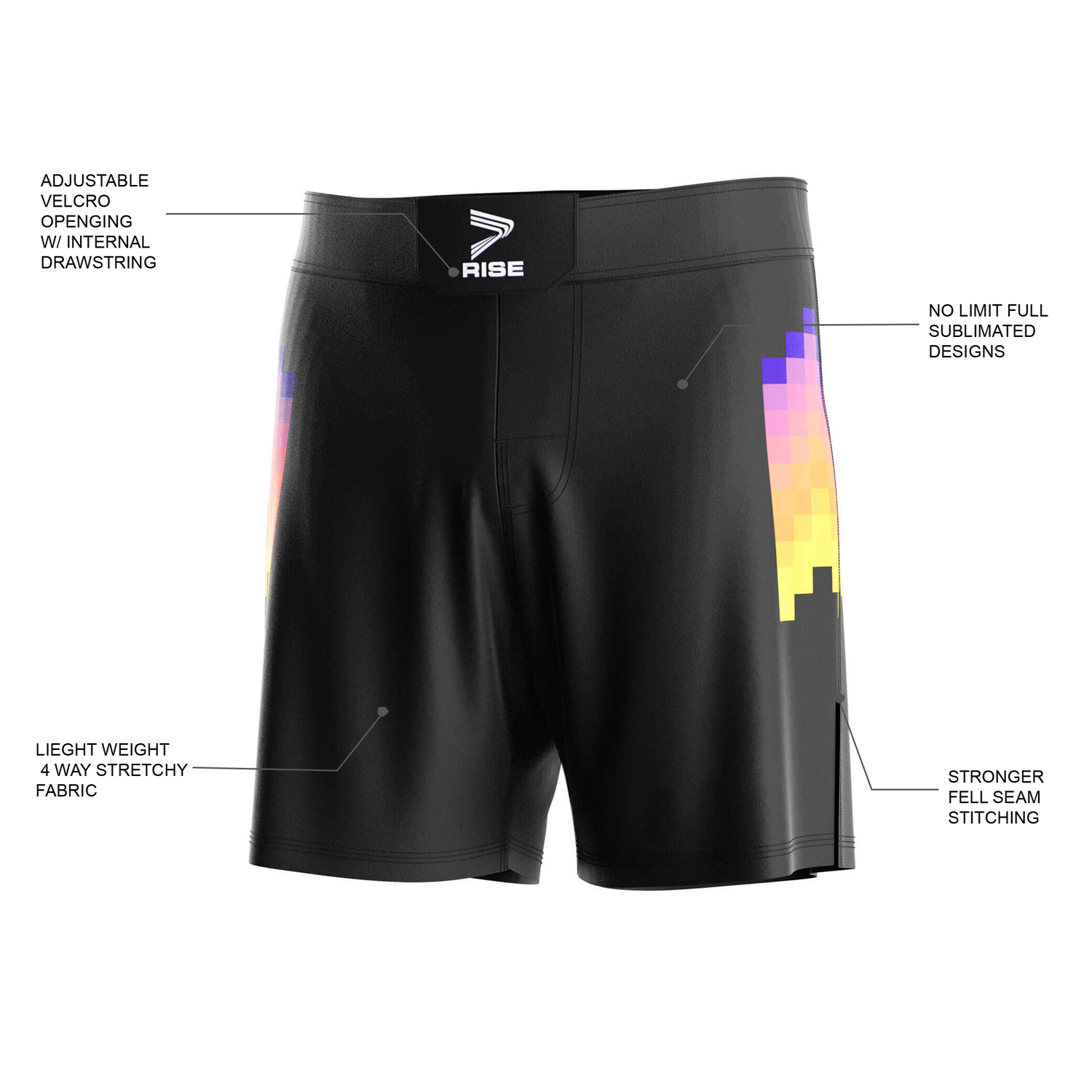 Rise Black MMA/BJJ Shorts with Heat Grid Pattern' Details Feature