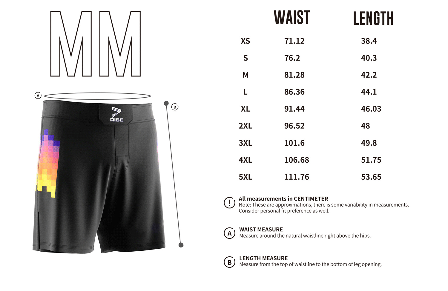 Rise Black MMA/BJJ Shorts with Heat Grid Pattern's Adult Size Chart