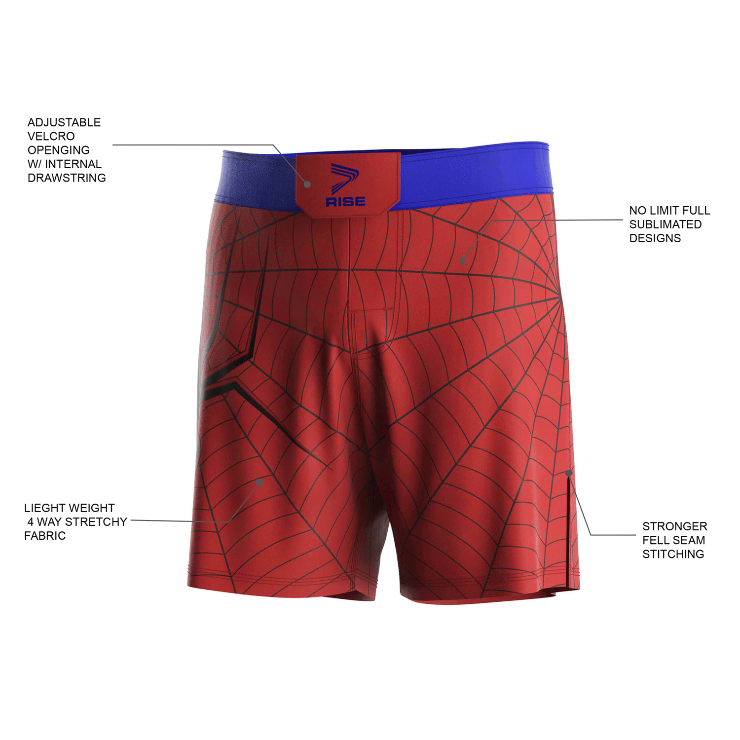 Rise Red MMA/BJJ Shorts with Spider Web Design's Details Feature