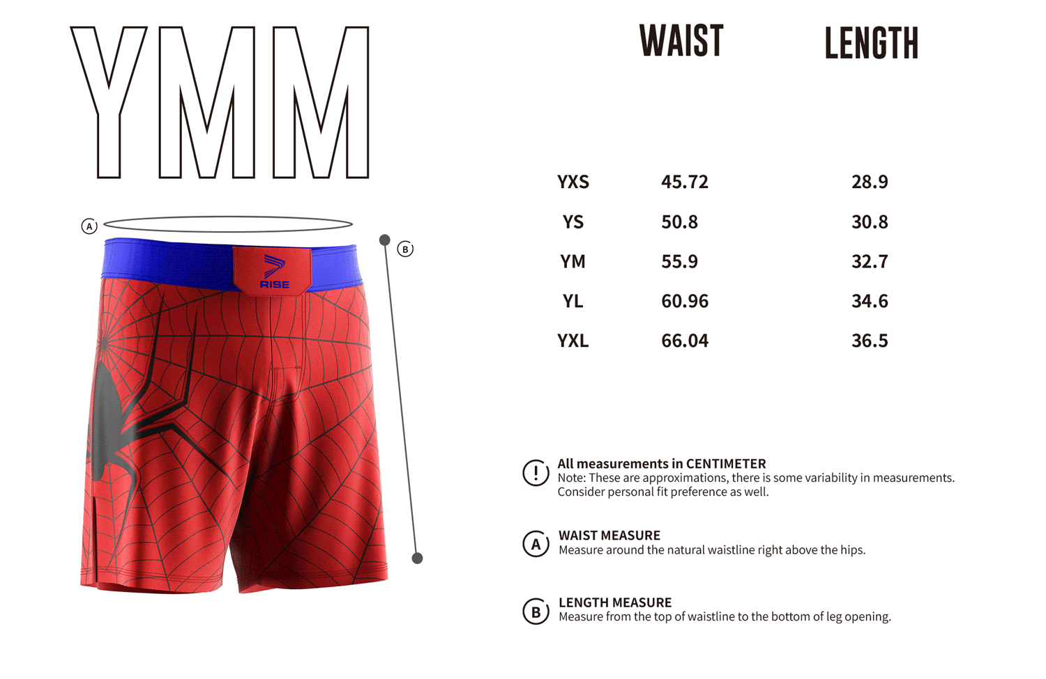 Rise Red MMA/BJJ Shorts with Spider Web Design's Youth Size Chart