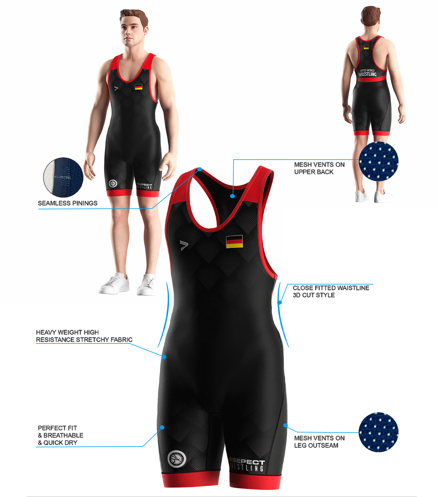 Visualization features of Germany Triangle Wine Trim Wrestling Singlet