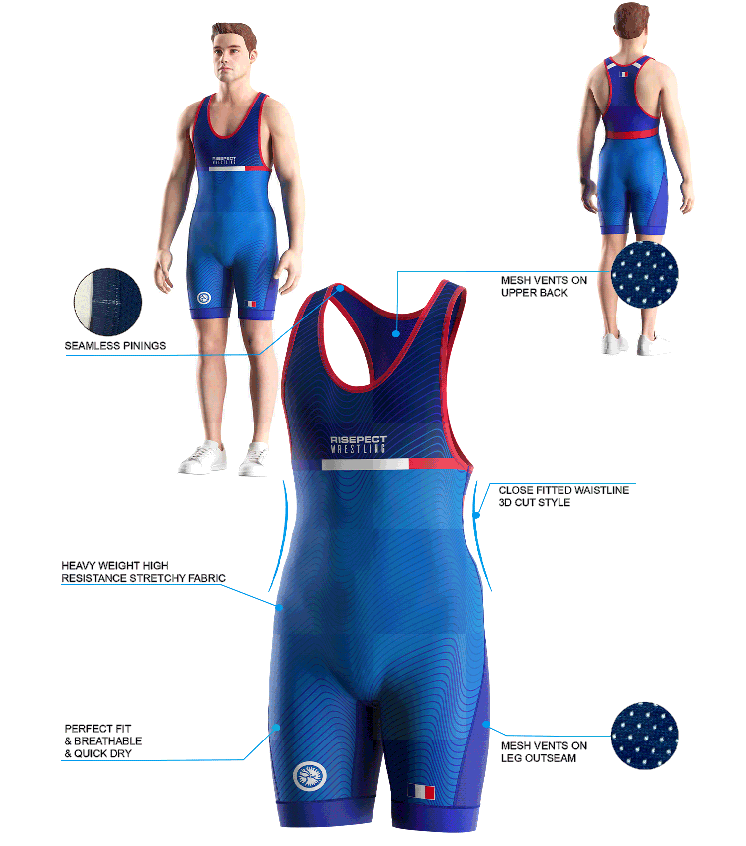 Visualization features of France Curve Line Blue Wrestling Singlet