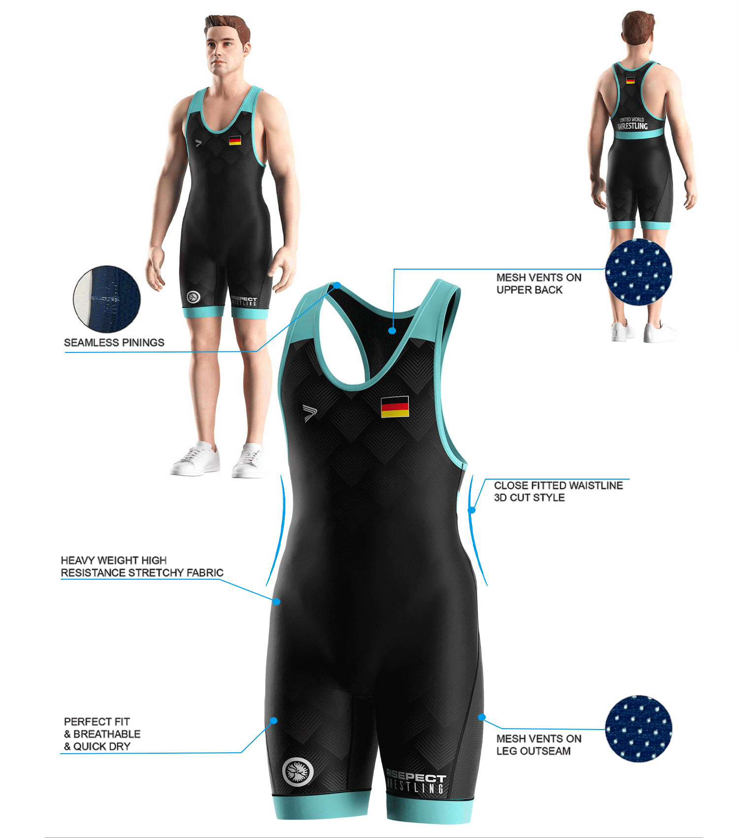 Visualization features of Germany Triangle Lake Blue Trim Wrestling Singlet