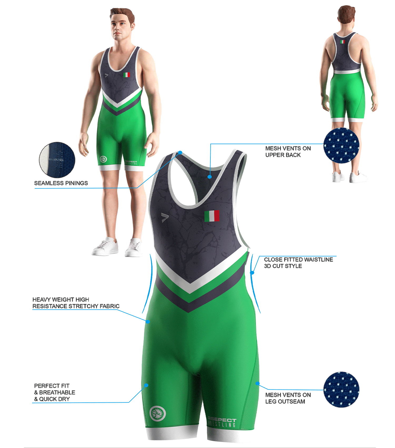 Visualization features of Italy Marble Green Wrestling Singlet