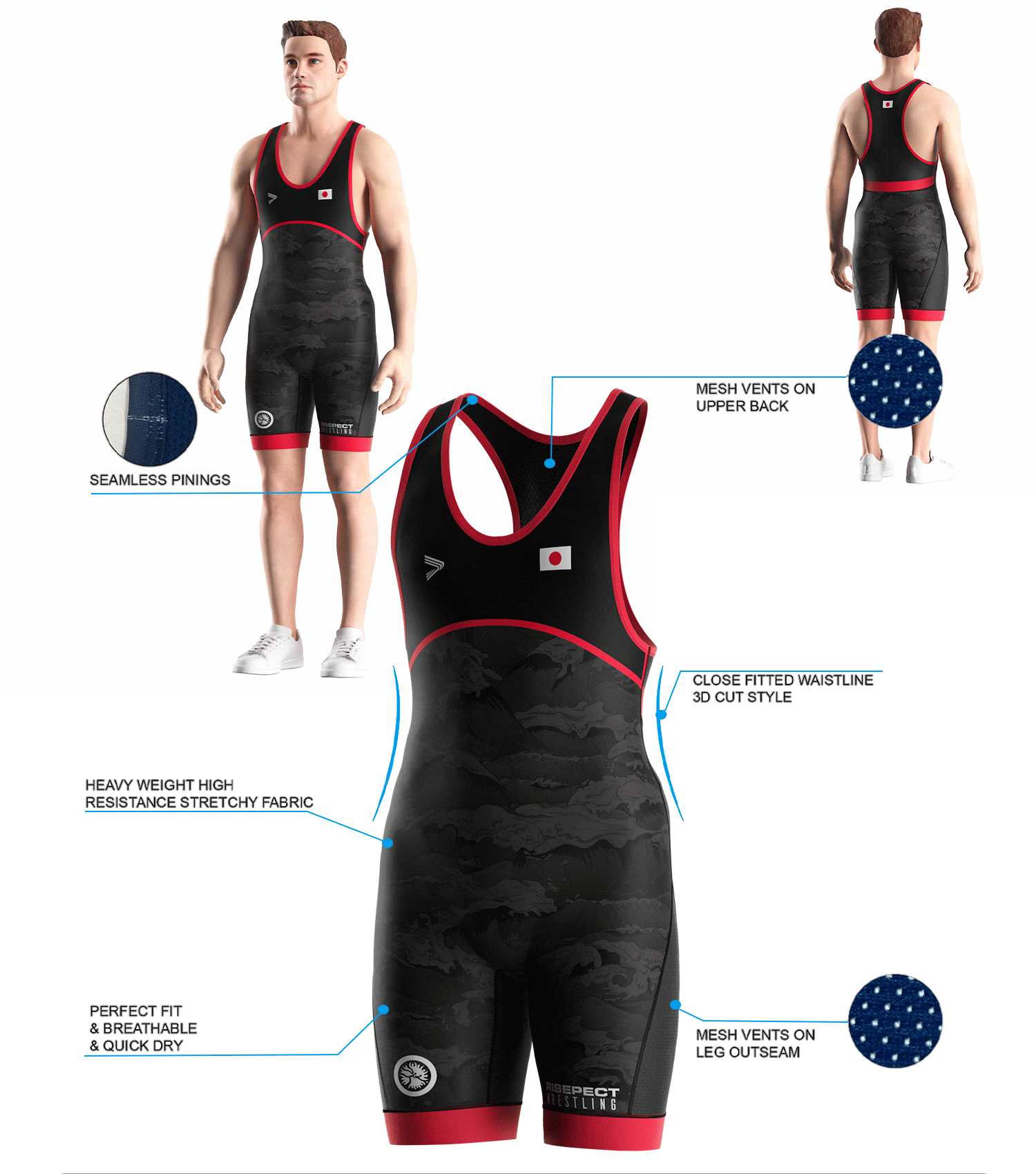 Visualization features of Japan Black Wave Burgundy Trim Wrestling Singlet