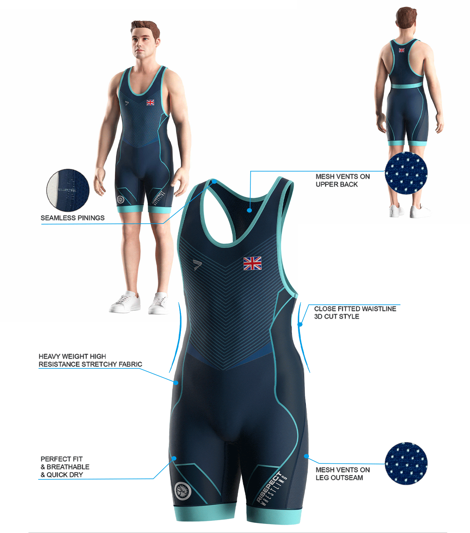 Visualization features of UK Shield Stripe Blue Wrestling Singlet