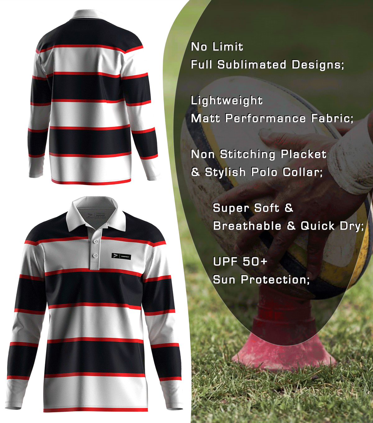 Black & White Red Striped Rugby Polo Shirt - front and back view, Brief feature description