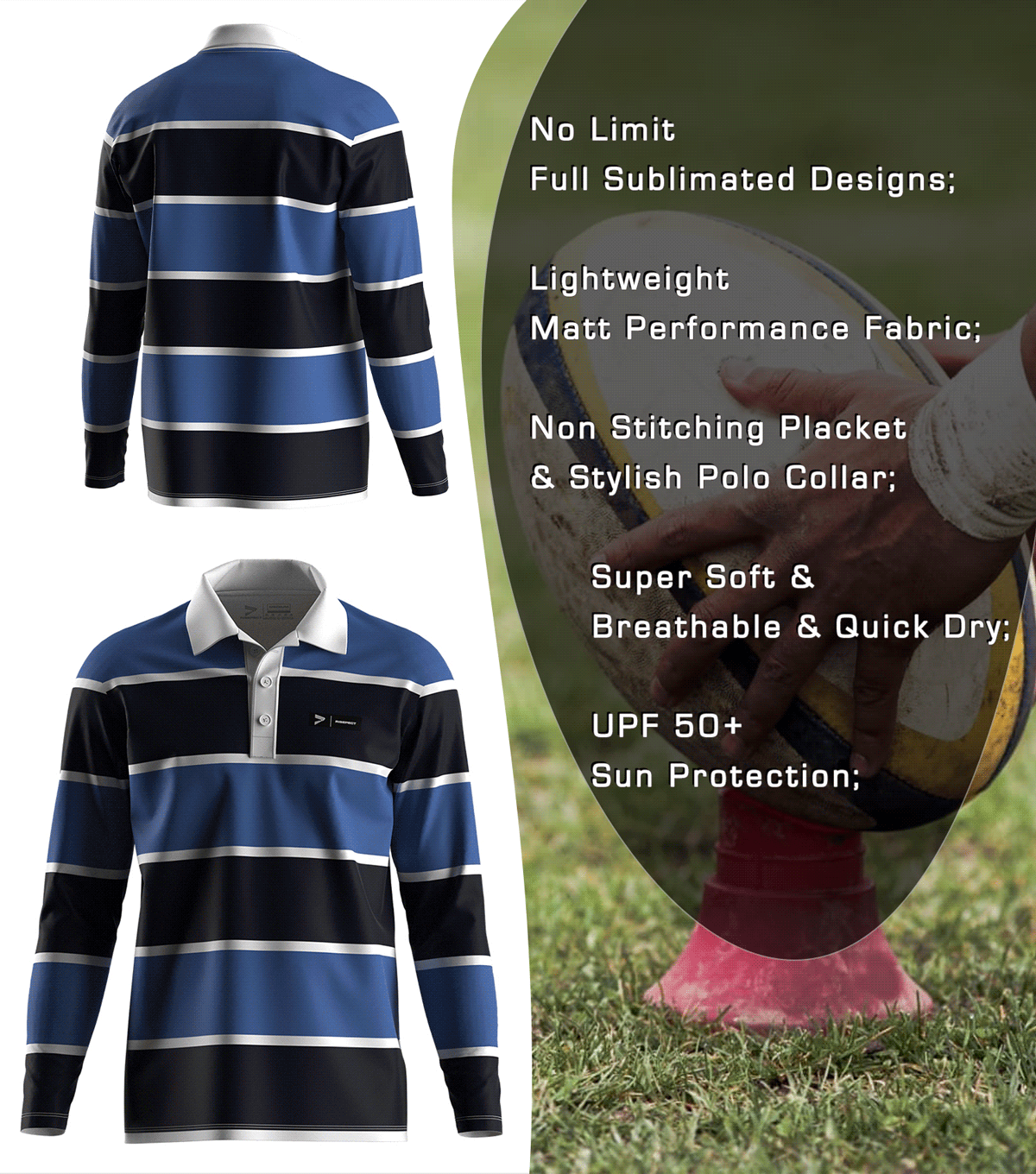 Navy & Black-white Striped Rugby Polo - front and back view, Brief feature description