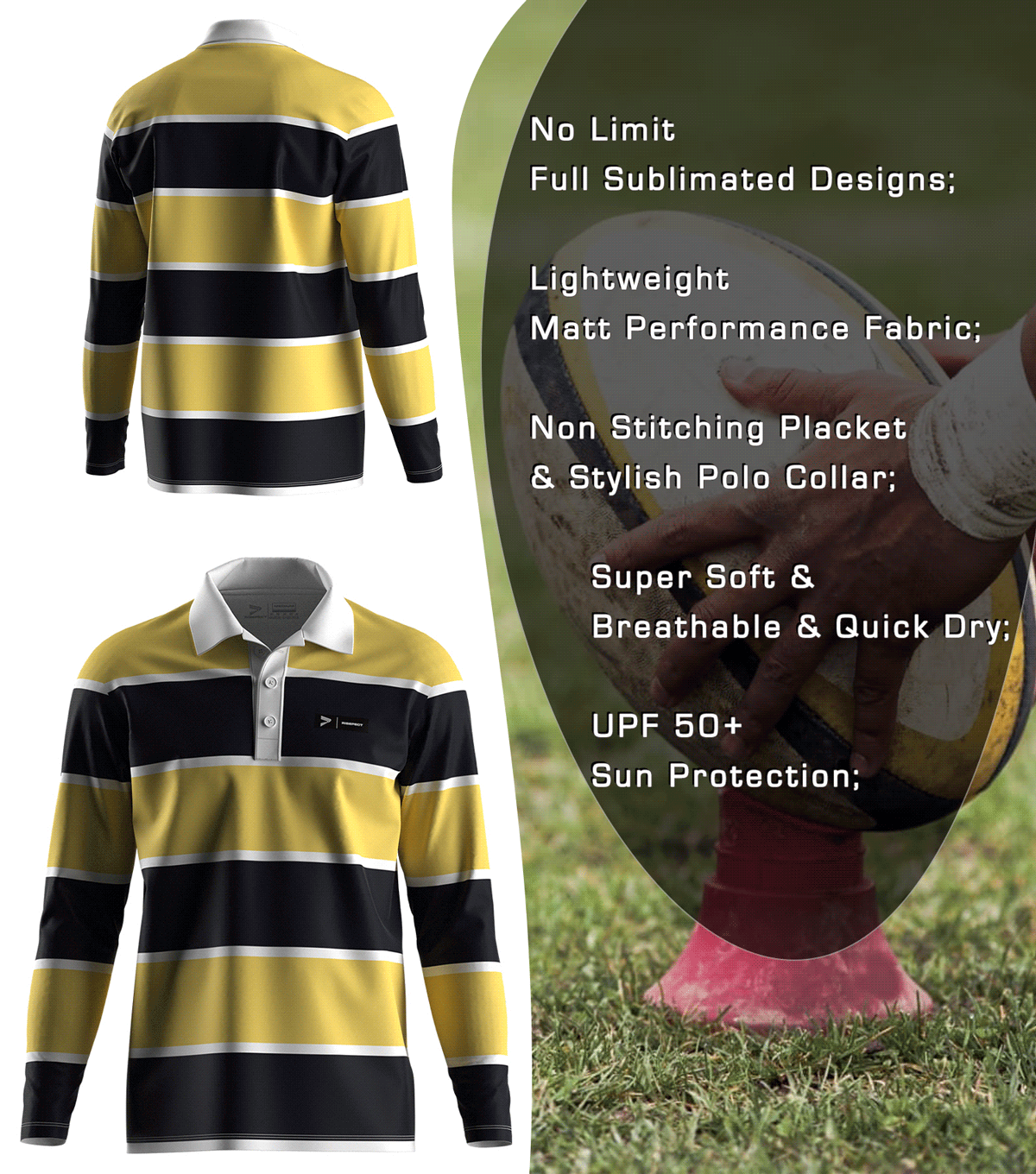 Black & Gold-white Rugby Polo Shirt - front and back view, Brief feature description