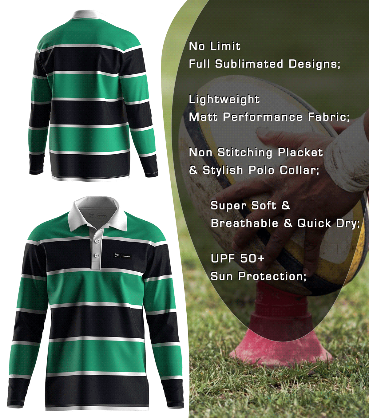Green & Black-white Rugby Polo - front and back view, Brief feature description