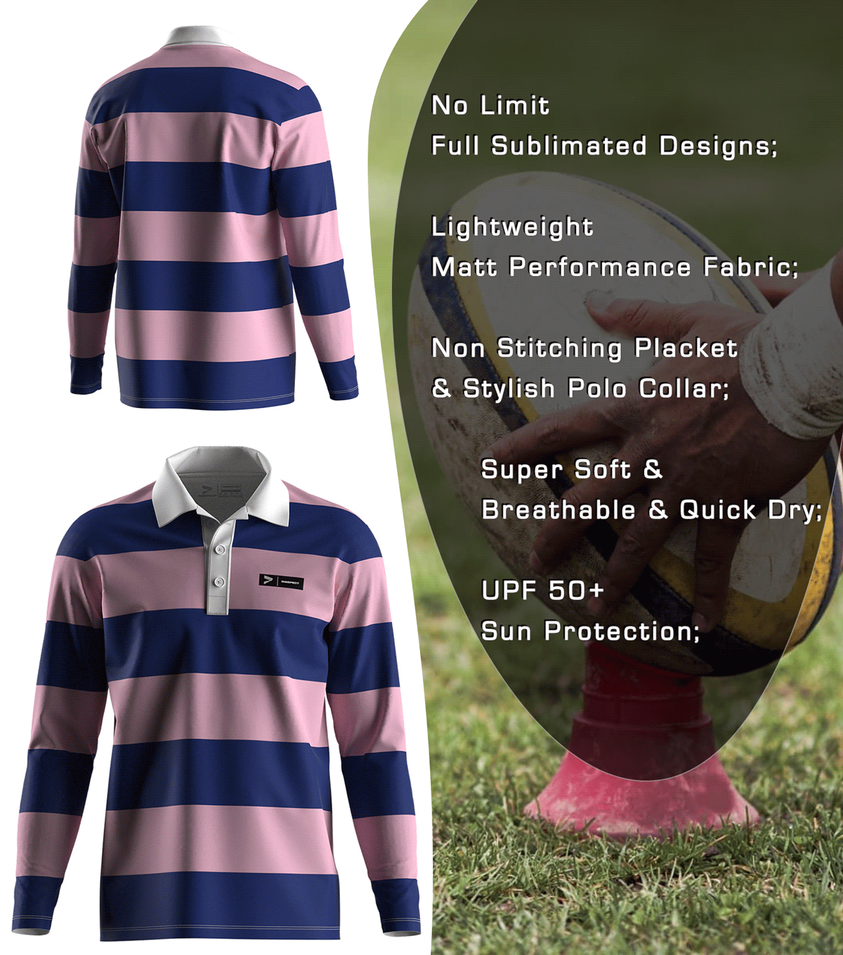 Pink & Navy Rugby White tops Polo Collar Striped Shirt - front and back view, Brief feature description