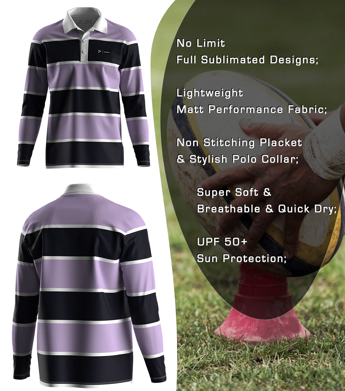 Purple & Black-white Rugby Polo - front and back view, Brief feature description