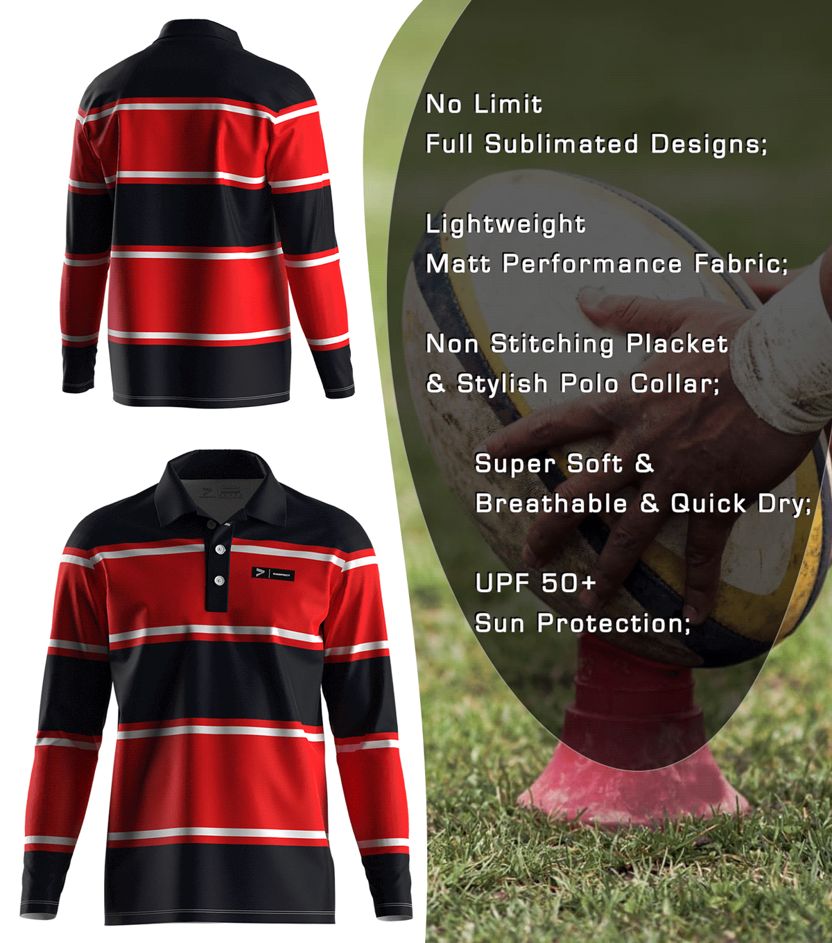 Black & Red-White Striped Rugby Polo - front and back view, Brief feature description