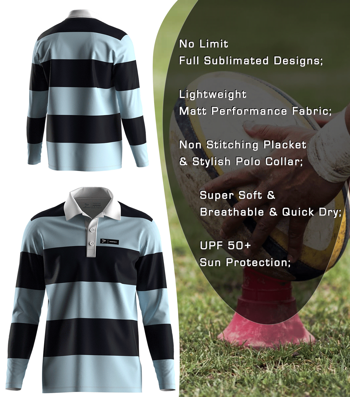 Sky Blue & Black Rugby Polo - front and back view, Brief feature description