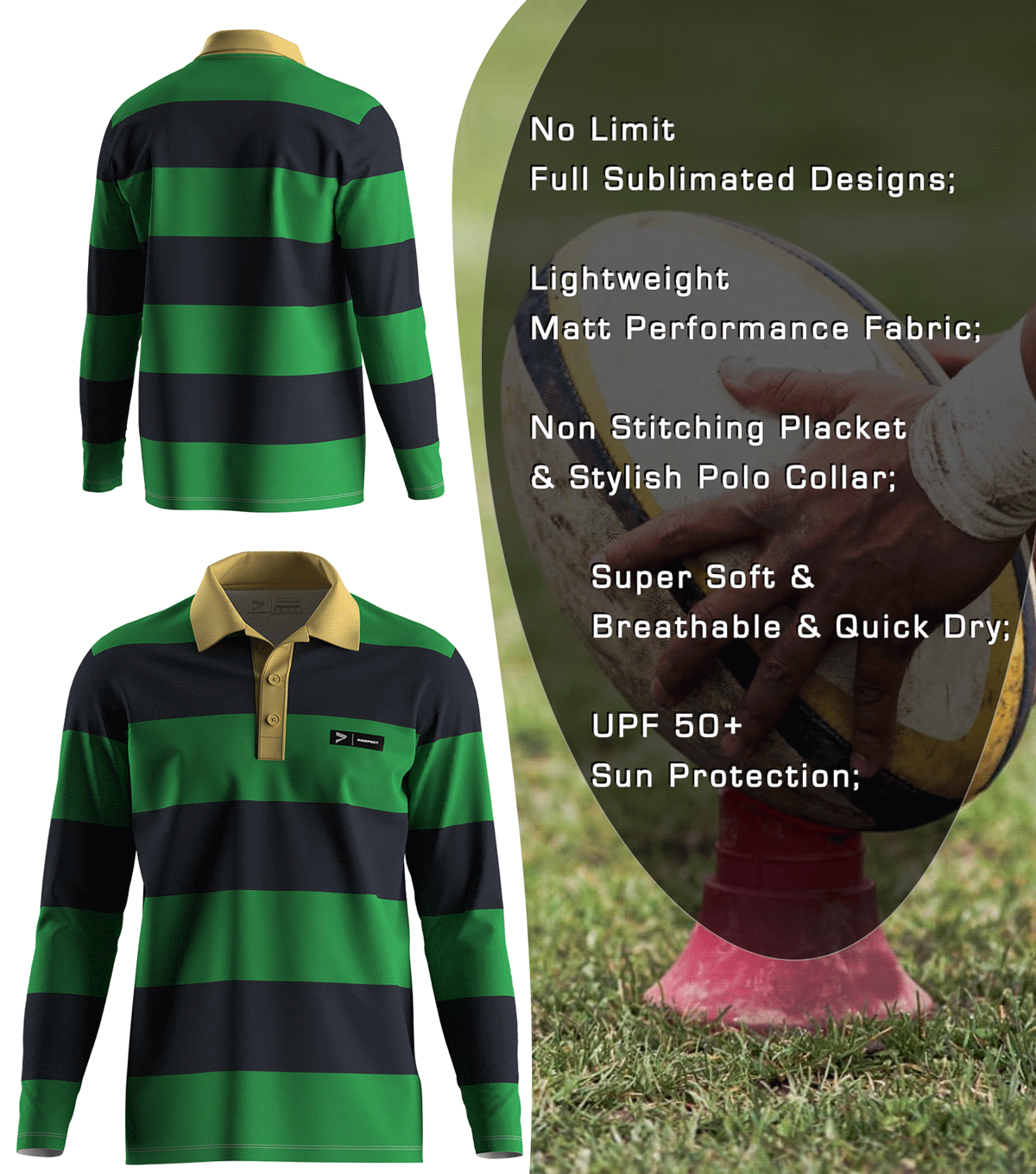 Black & Green Rugby Shirt with Yellow Polo Collar - front and back view, Brief feature description