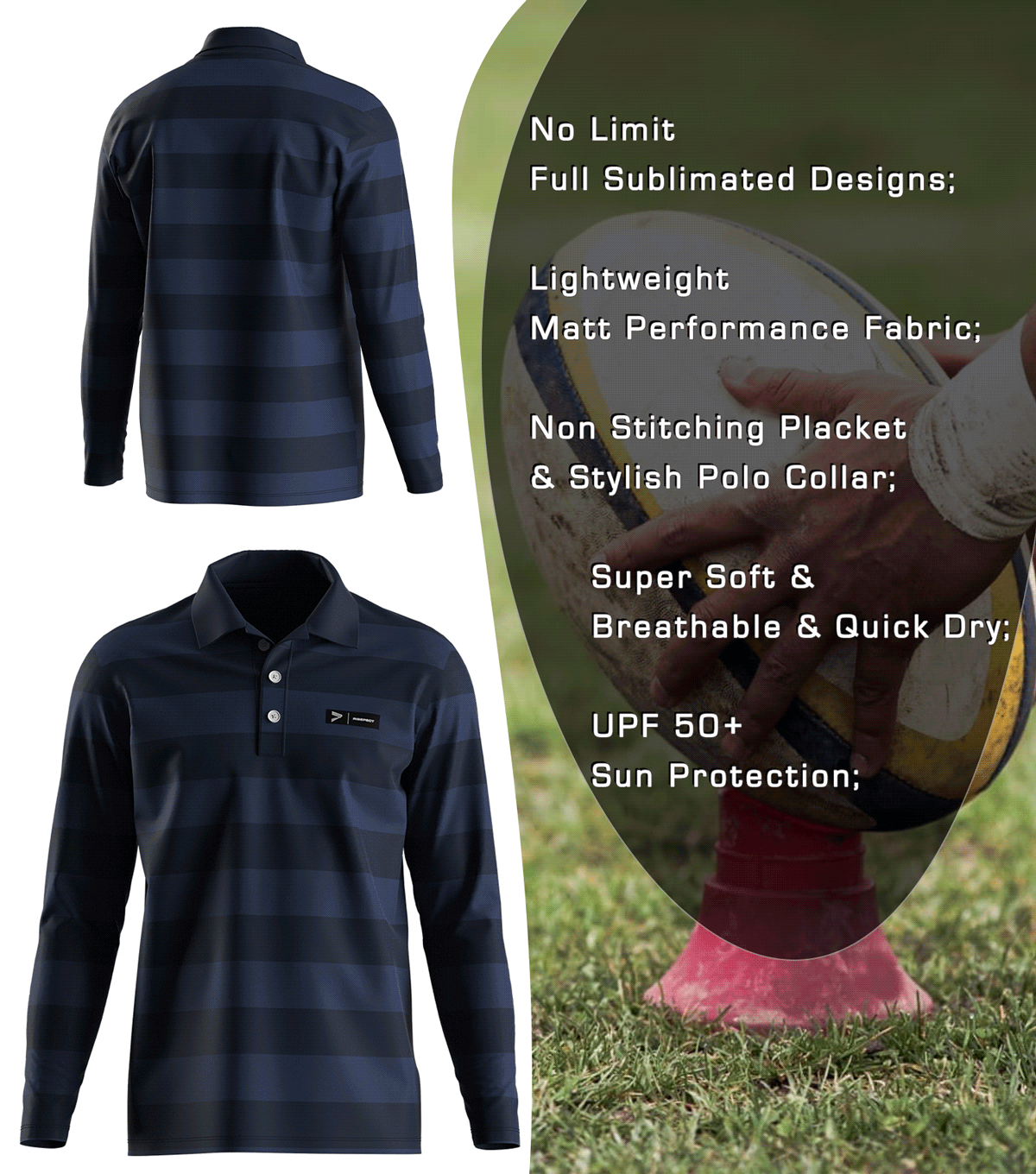 Dark Striped Rugby Polo - front and back view, Brief feature description