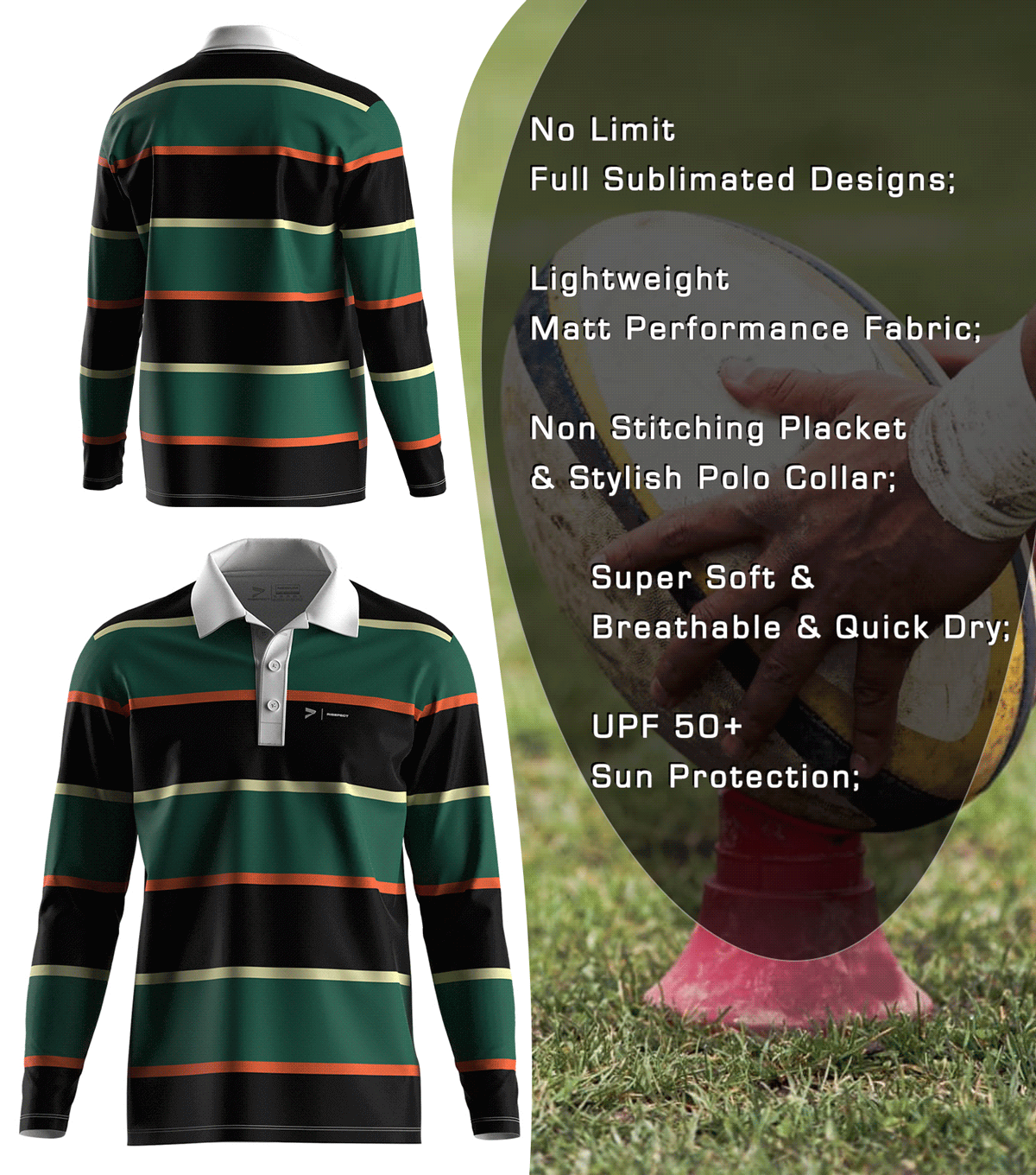 Forest Green & Black Rugby Polo Shirt - front and back view, Brief feature description
