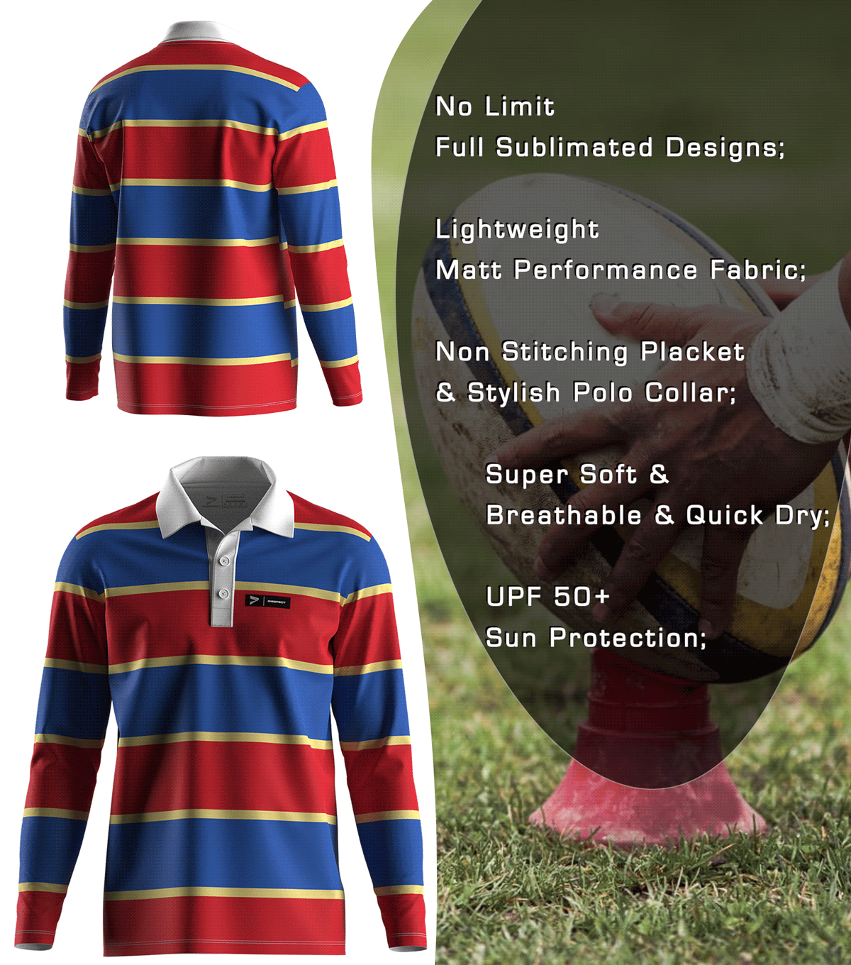 Red & Royal Blue Rugby Polo Shirt - front and back view, Brief feature description