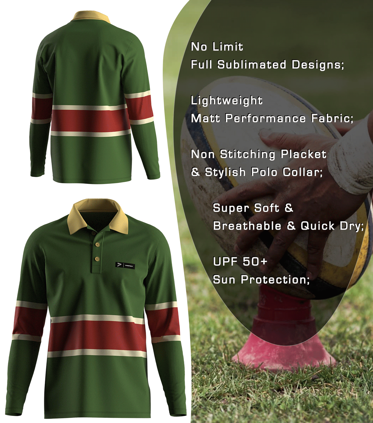 Burgundy & Lime Rugby Polo with Gold Collar - front and back view, Brief feature description