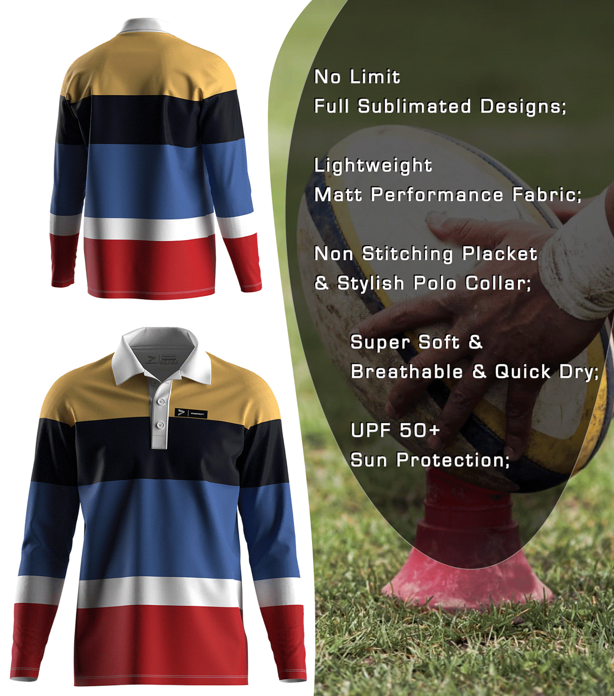 Five-Color Rugby Polo Shirt - front and back view, Brief feature description