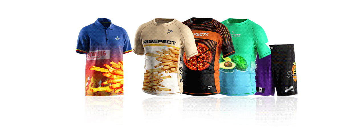 Food-Themed Sportswear: French Fries bowling polo shirts, French Fries rash guard, avocado rash guard, Salami Pizza rash guard and orange jiu-jitsu MMA shorts - Manufactured by rise sportswear