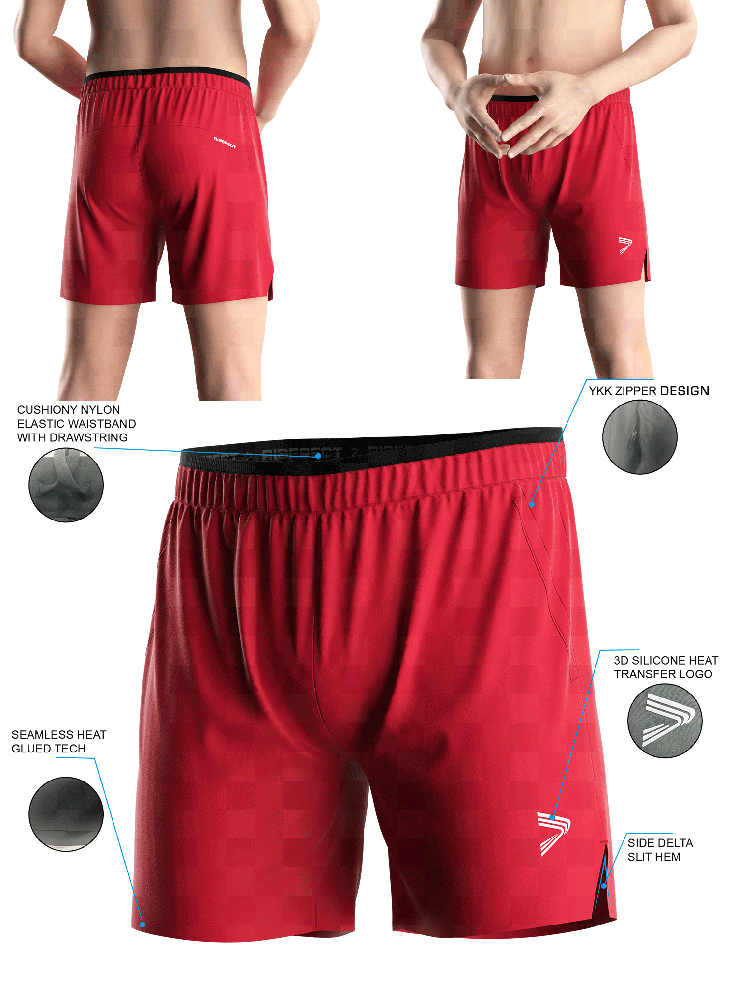 Maple Red Training Shorts 2.0 - front and back views of male model wearing training shorts 2.0, Brief details feature