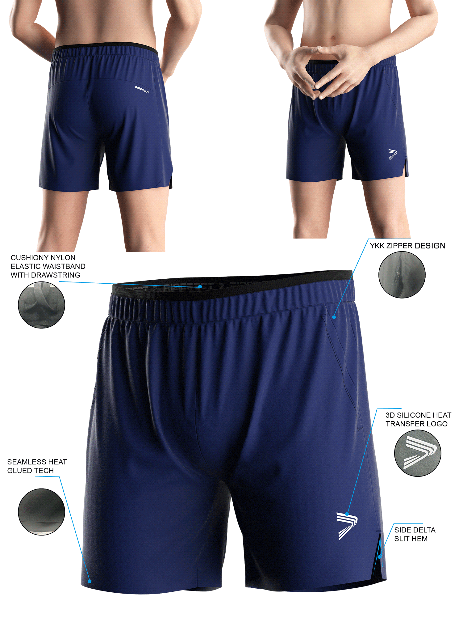 Sapphire Blue Training Shorts 2.0 - front and back views of male model wearing training shorts 2.0, Brief details feature