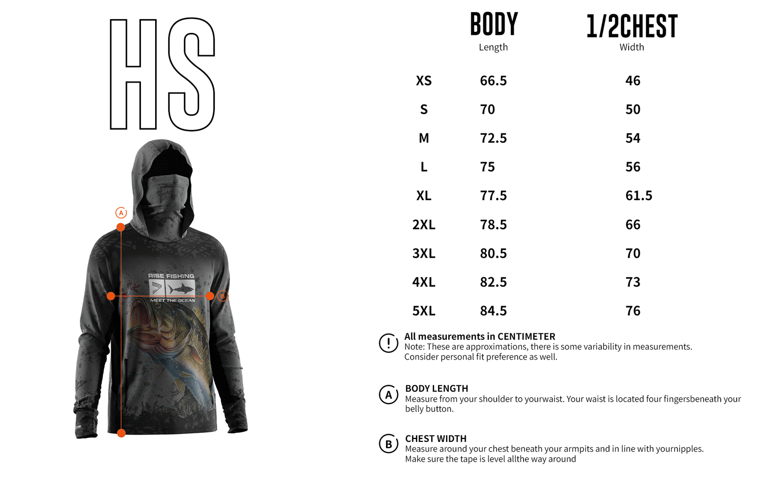 Size chart of Men's Long-Sleeve Hoodie with Pocket and Built-in Face Cover – Standard Construction (Side Panel Extends Through Underarm to Sleeve Hem).