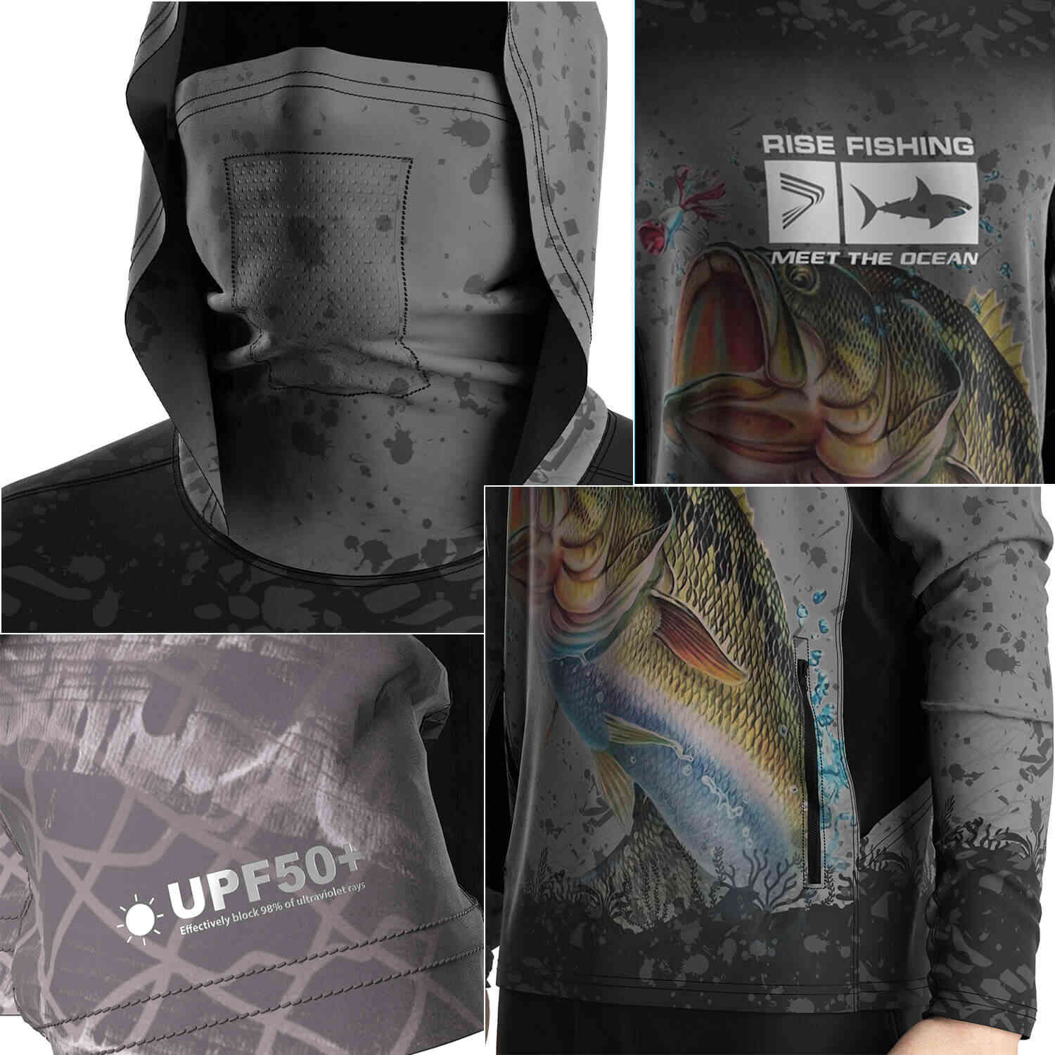 Four details of Men's Long sleeve Fishing Hood Shirt with Pocket and Built-in Face Cover (Side Panel Extends Through Underarm to Sleeve Hem)