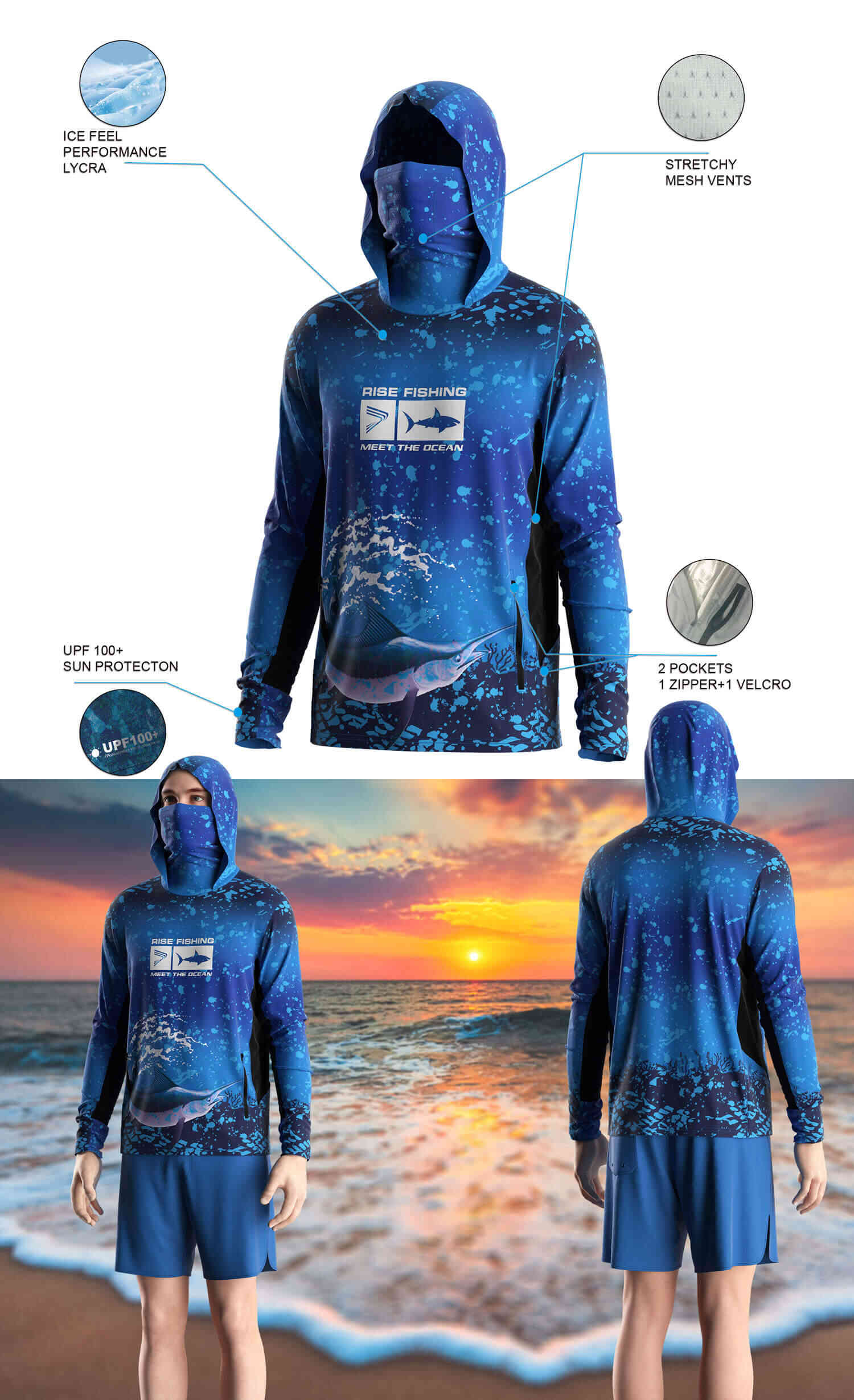 Details features of Men's Long-Sleeve Hoodie with Pocket and Built-in Face Cover – Standard Construction (Side Panel Extends Through Underarm to Sleeve Hem). Front and back view of Male model wearing hood fishing shirt w/ mask.