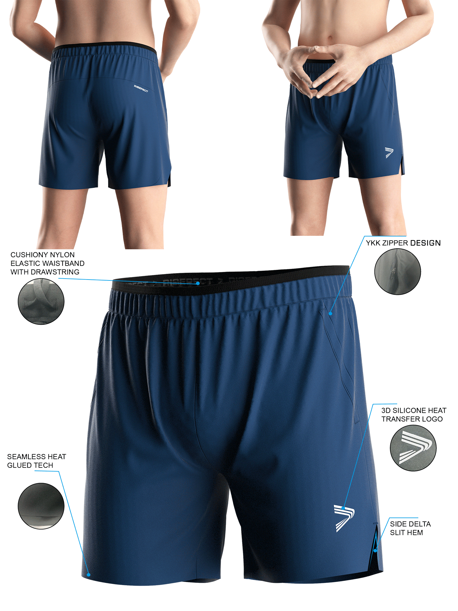 Navy Blue Training Shorts 2.0 - front and back views of male model wearing training shorts 2.0, Brief details feature