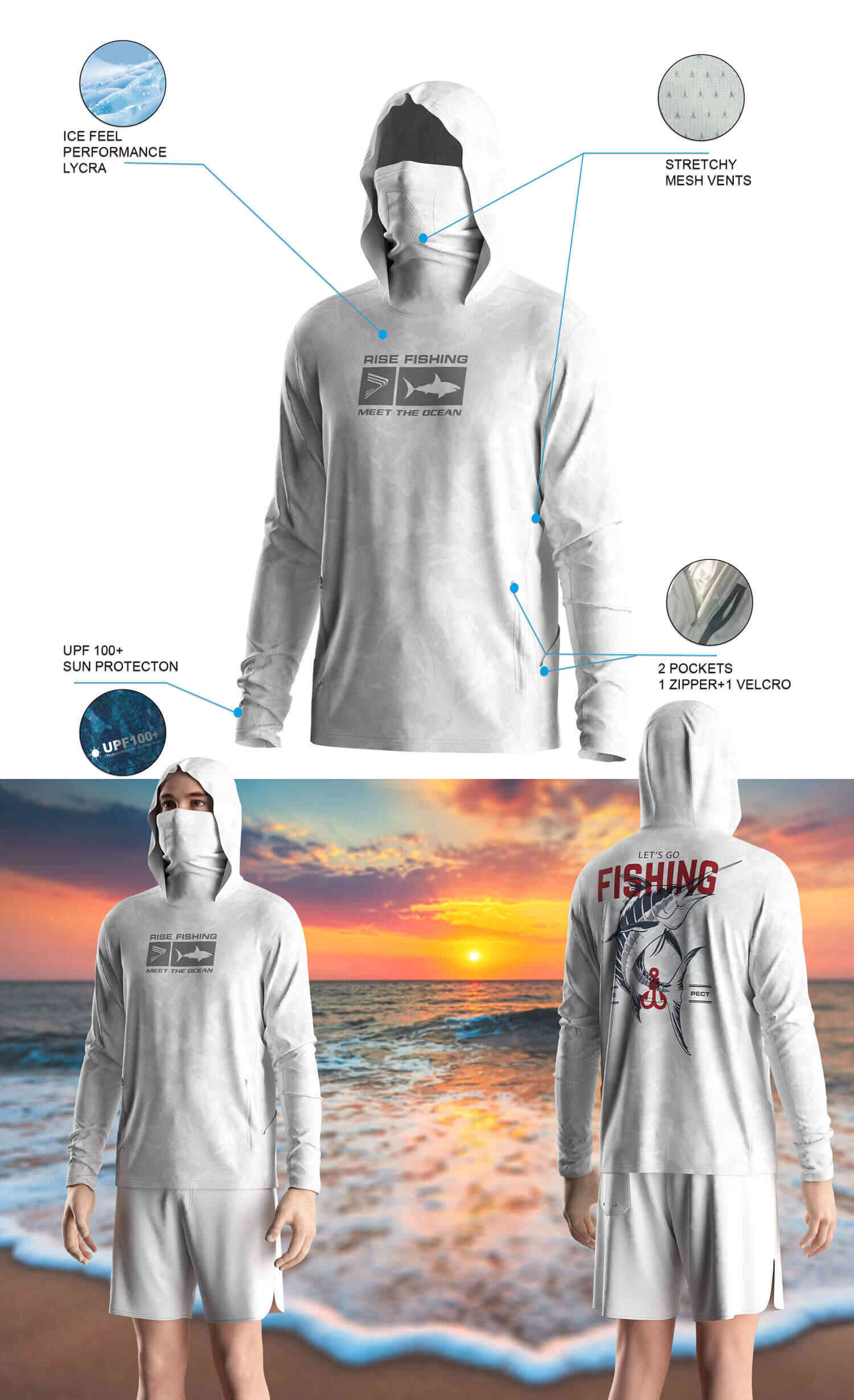 Details features of Men's Long-Sleeve Hoodie with Pocket and Built-in Face Cover – Standard Construction (Side Panel Extends Through Underarm to Sleeve Hem). Front and back view of Male model wearing hood fishing shirt w/ mask.