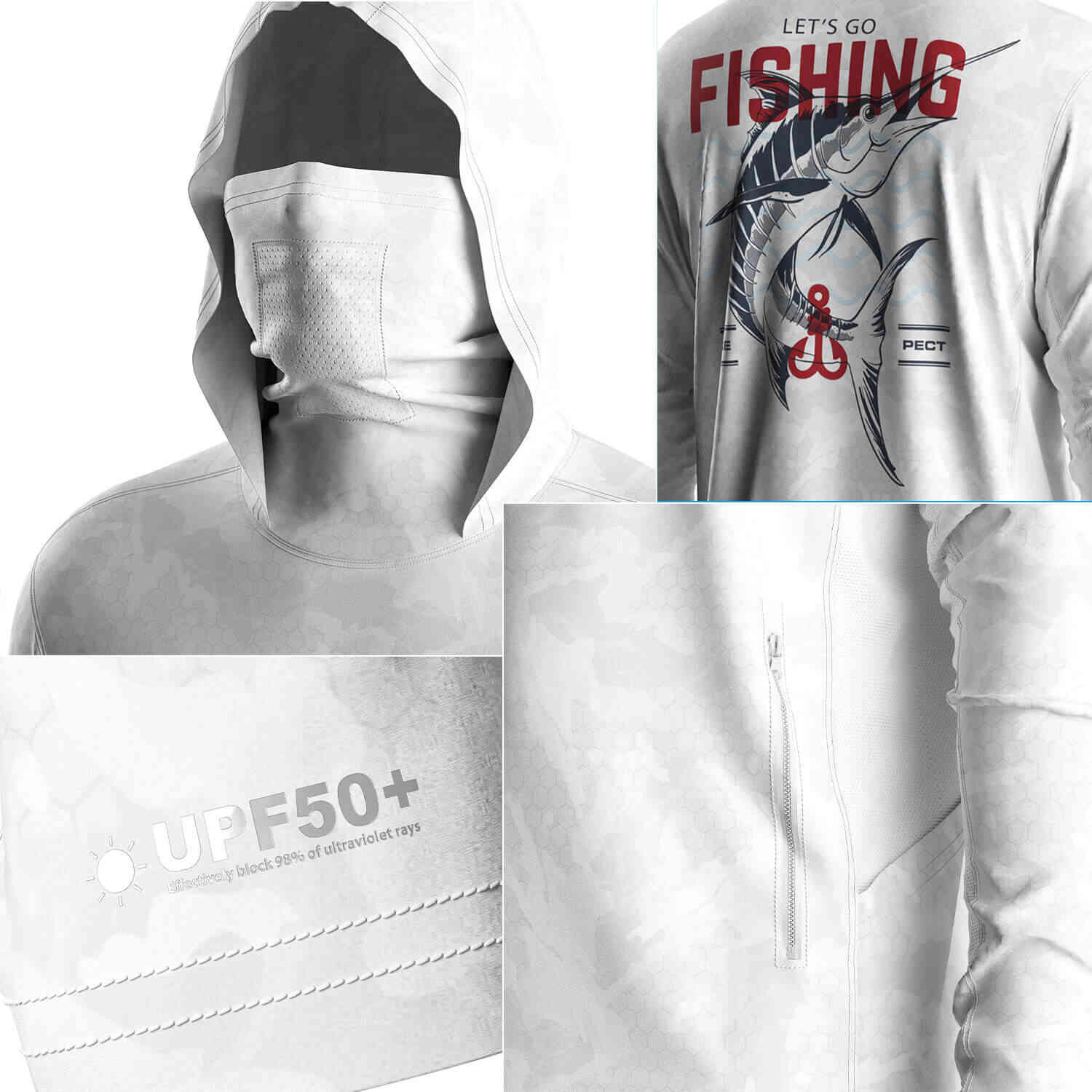 Four details of Men's Long sleeve Fishing Hood Shirt with Pocket and Built-in Face Cover (Side Panel Extends Through Underarm to Sleeve Hem)