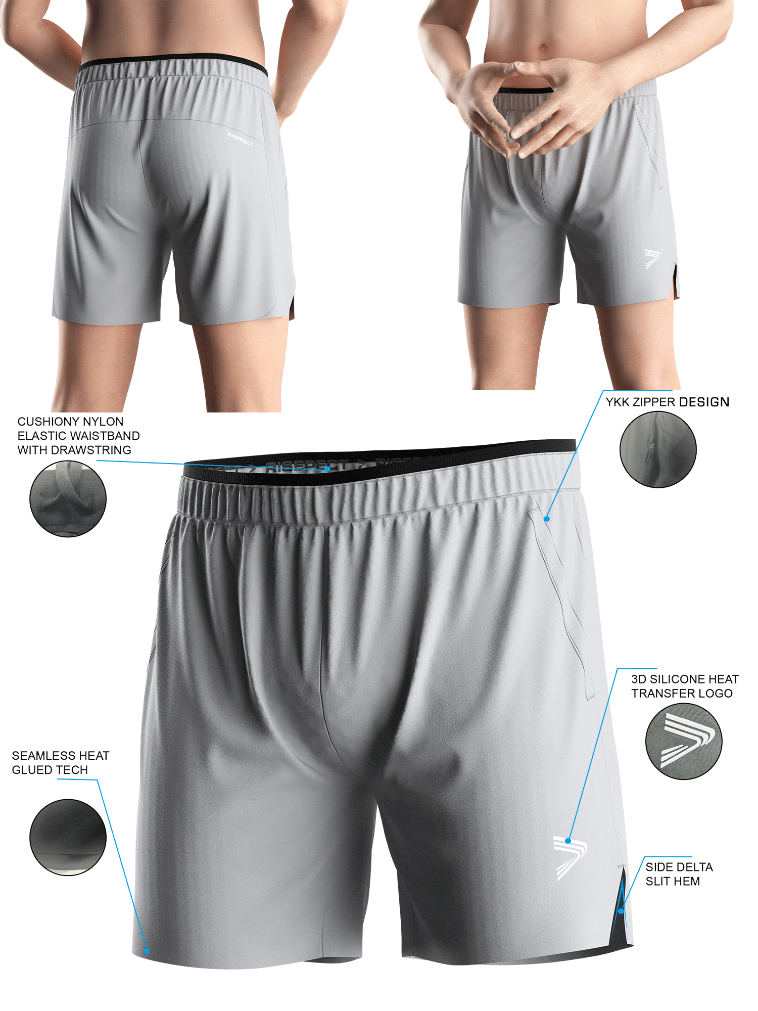 Silver Gray Training Shorts 2.0 - front and back views of male model wearing training shorts 2.0, Brief details feature