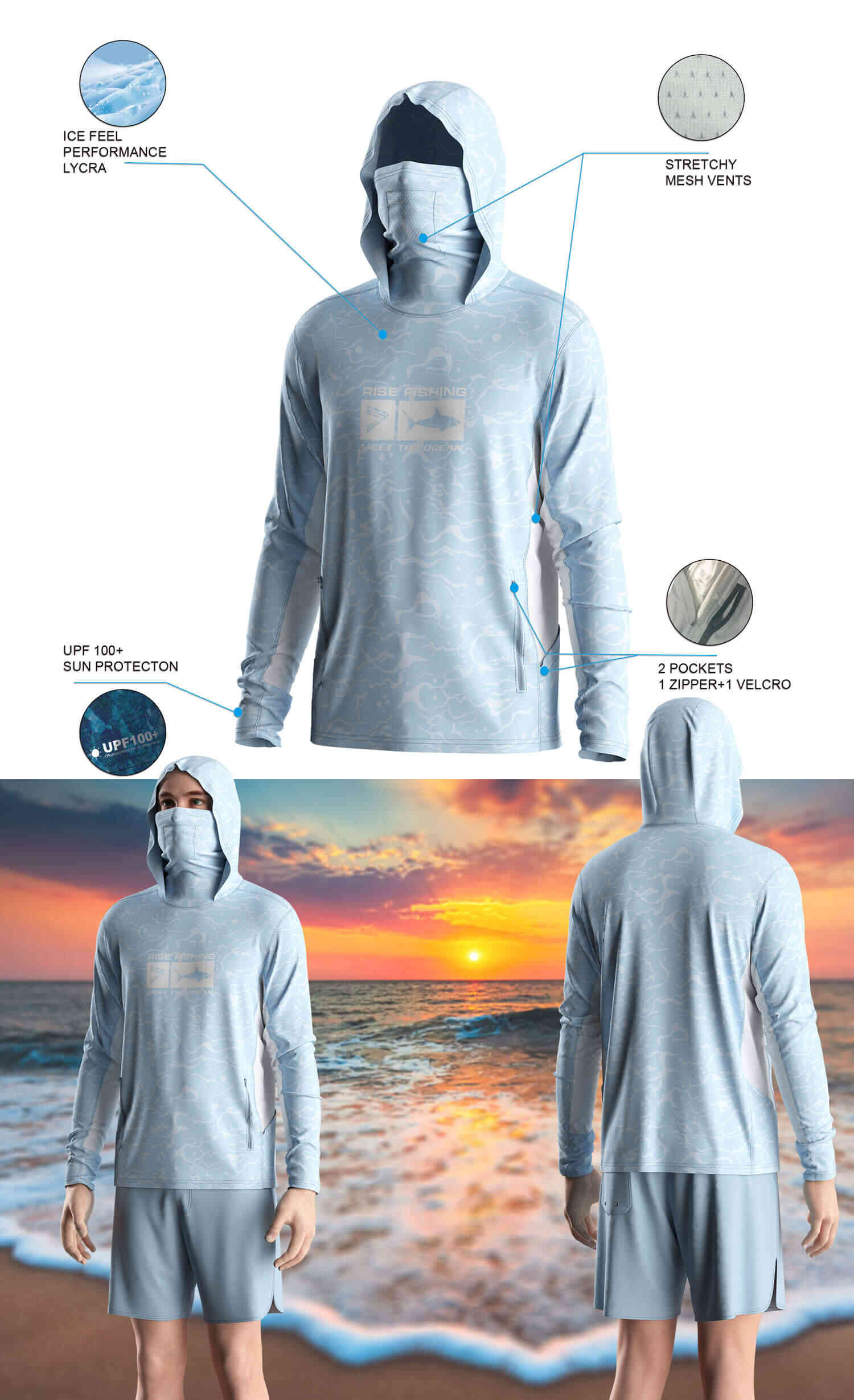 Details features of Men's Long-Sleeve Hoodie with Pocket and Built-in Face Cover – Standard Construction (Side Panel Extends Through Underarm to Sleeve Hem). Front and back view of Male model wearing hood fishing shirt w/ mask.