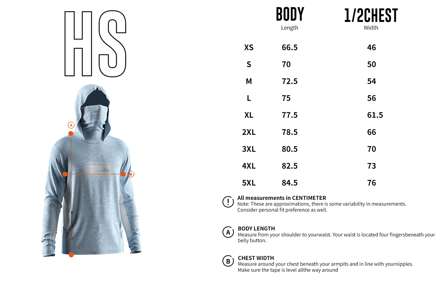 Size chart of Men's Long-Sleeve Hoodie with Pocket and Built-in Face Cover – Standard Construction (Side Panel Extends Through Underarm to Sleeve Hem).