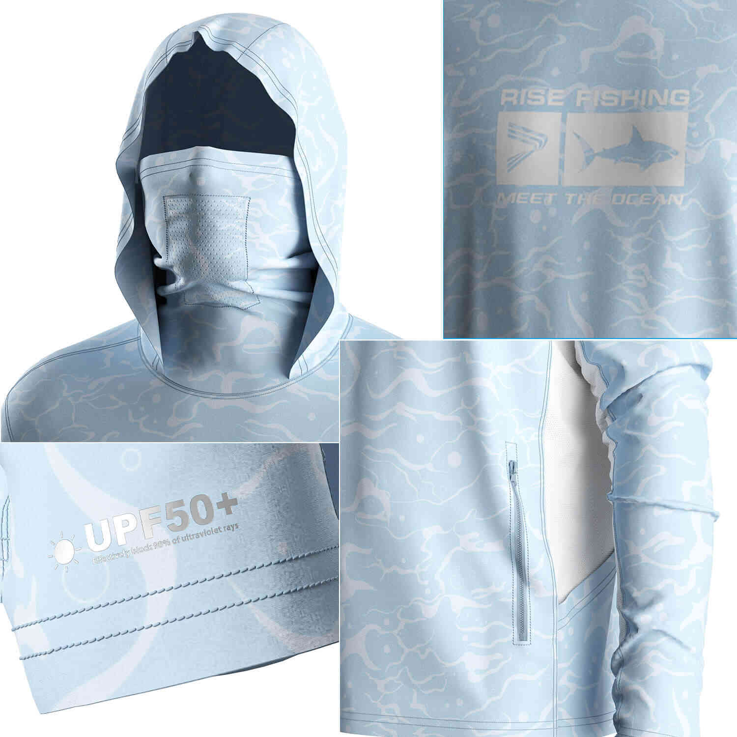 Four details of Men's Long sleeve Fishing Hood Shirt with Pocket and Built-in Face Cover (Side Panel Extends Through Underarm to Sleeve Hem)