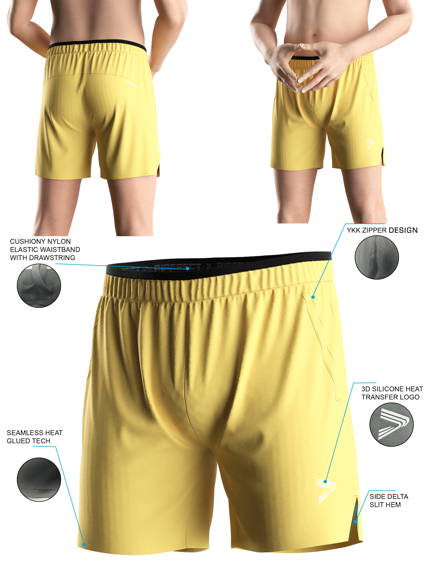 Yellow BJJ Training Shorts 2.0 - front and back views of male model wearing training shorts 2.0, Brief details feature