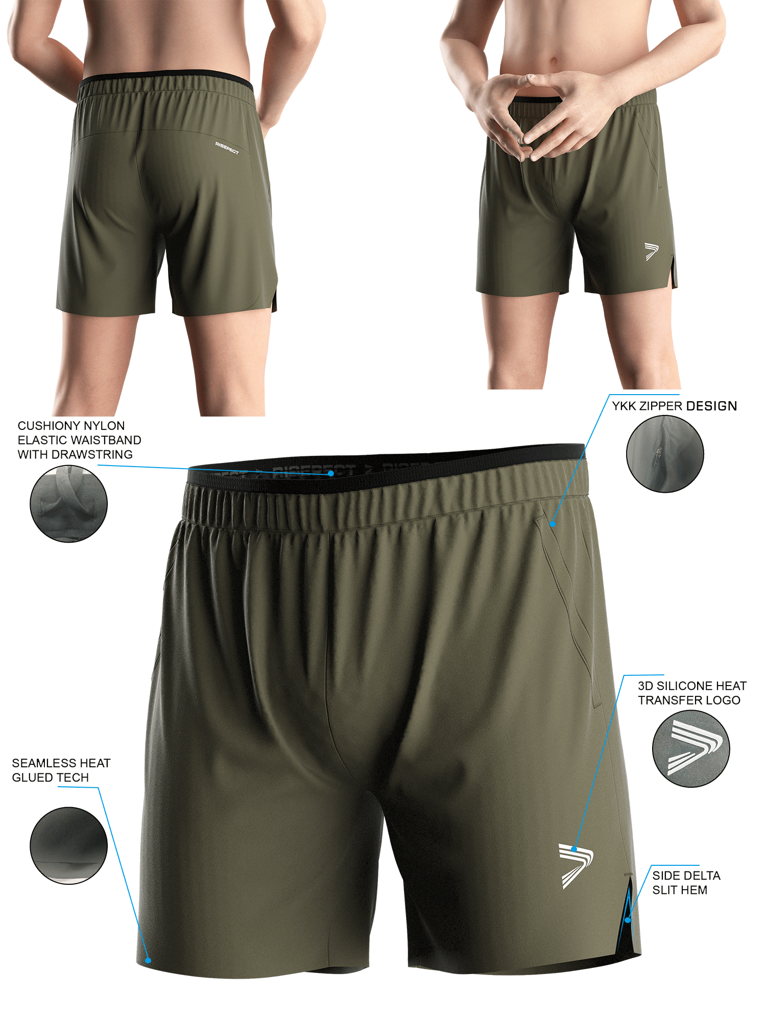 Army Green Training Shorts 2.0 - front and back views of male model wearing training shorts 2.0, Brief details feature
