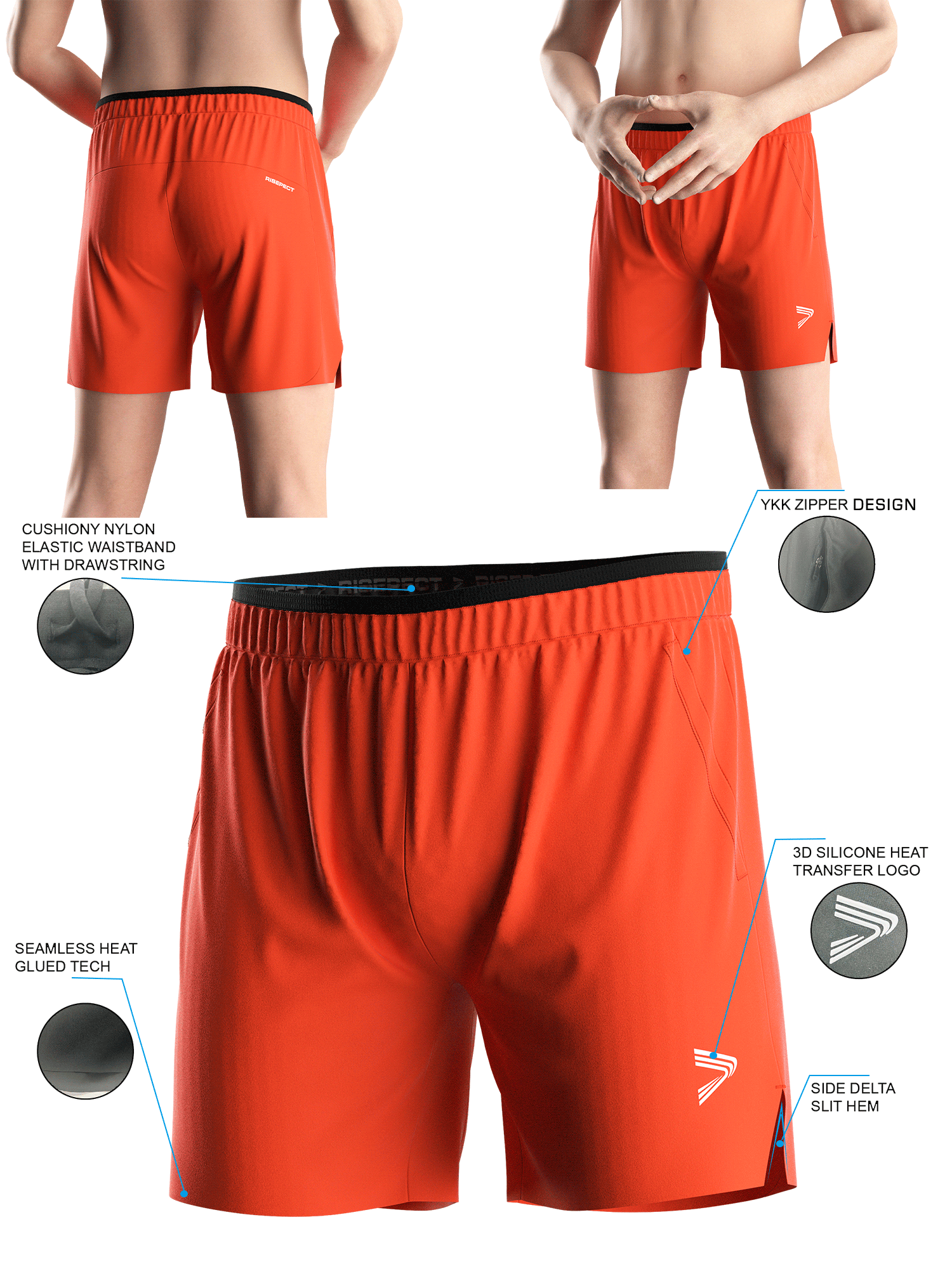 Flame Orange Training Shorts 2.0 - front and back views of male model wearing training shorts 2.0, Brief details feature