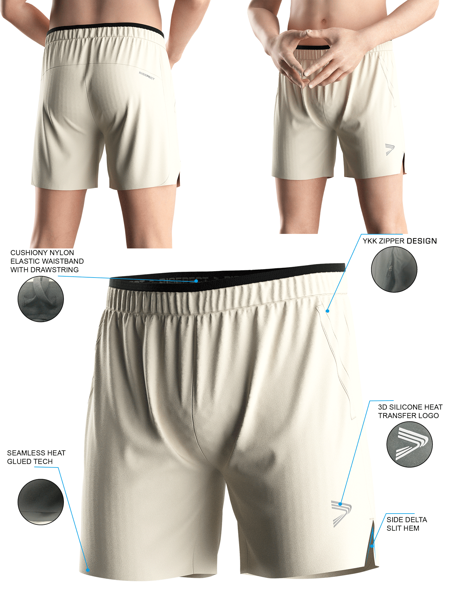 Beige BJJ Training Shorts 2.0 - front and back views of male model wearing training shorts 2.0, Brief details feature