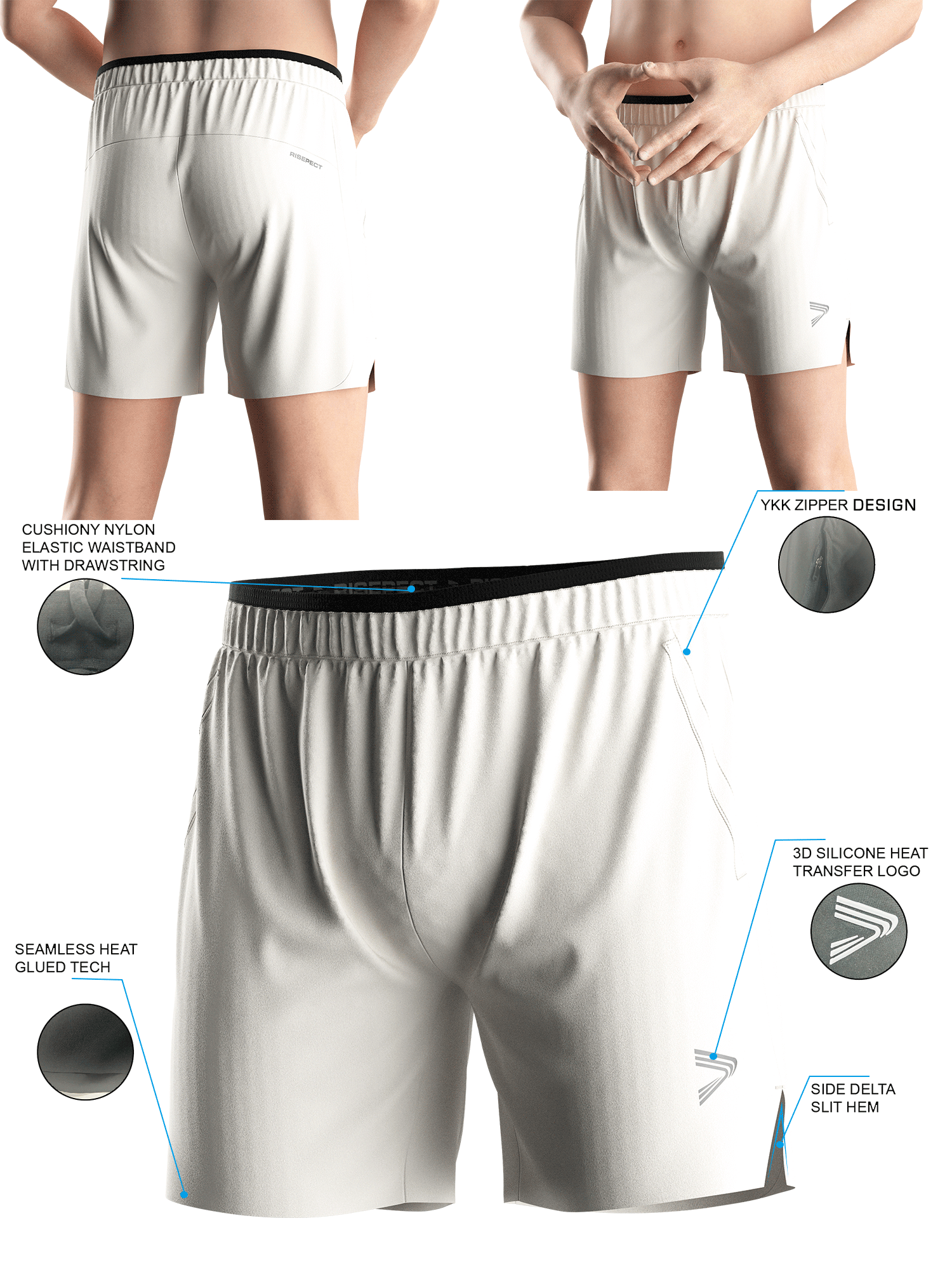Off White Training Shorts 2.0 - front and back views of male model wearing training shorts 2.0, Brief details feature