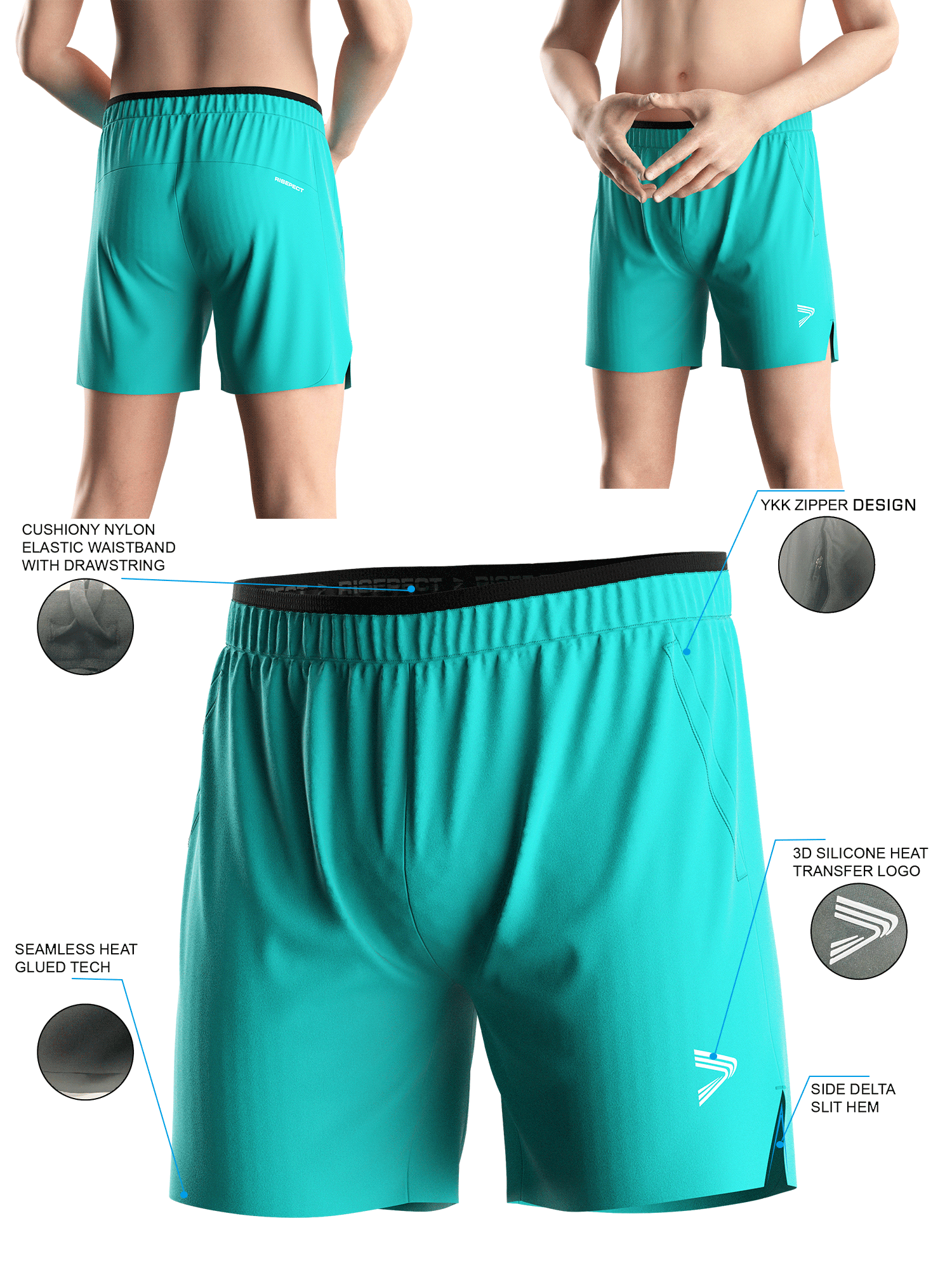 Cyan BJJ Training Shorts 2.0 - front and back views of male model wearing training shorts 2.0, Brief details feature