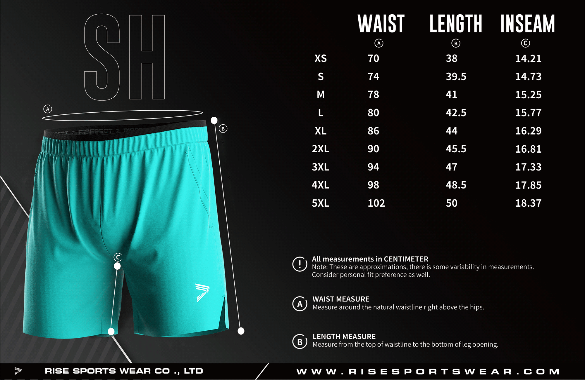 Men's Cyan BJJ Training Shorts 2.0 standard frame size chart