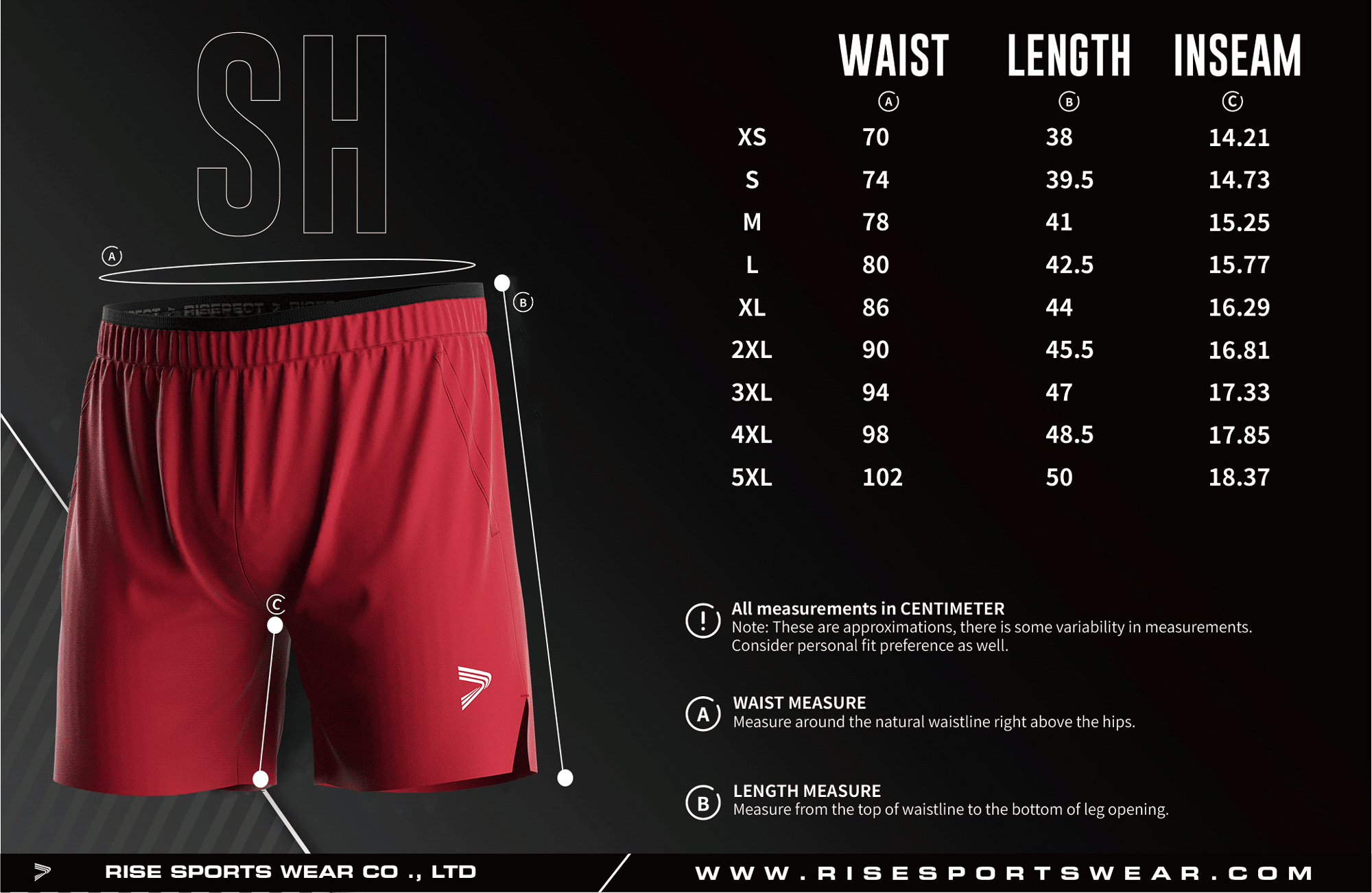 Men's Vermilion Red Training Shorts 2.0 standard frame size chart